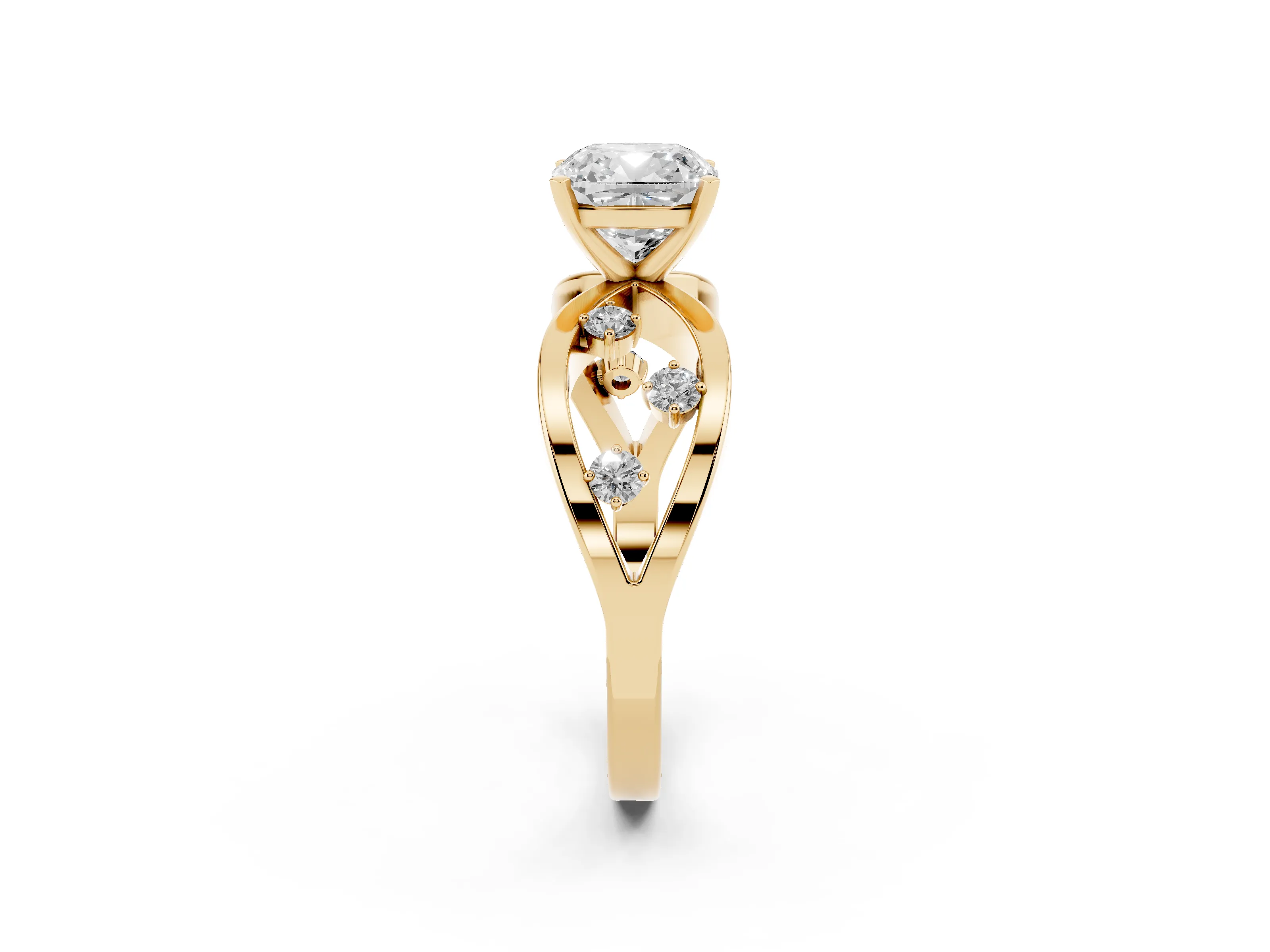 Cushion Cut Diamond Solitaire Ring Set in Yellow gold with Side Stones on Criss-Cross Band and Prong Setting