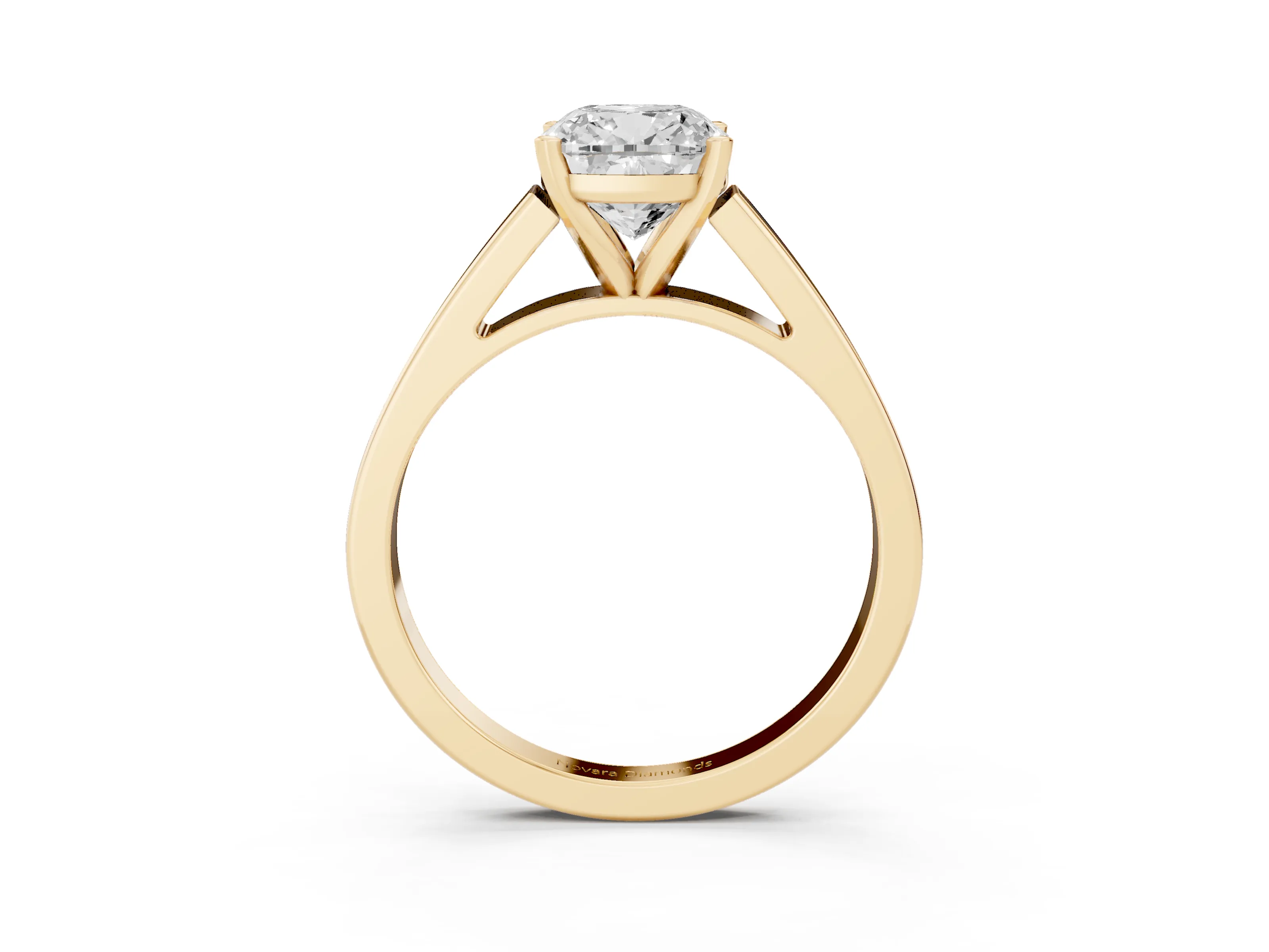Cushion Cut Diamond Solitaire Engagement Ring Set in Yellow gold with Prong Setting and Tapered Band