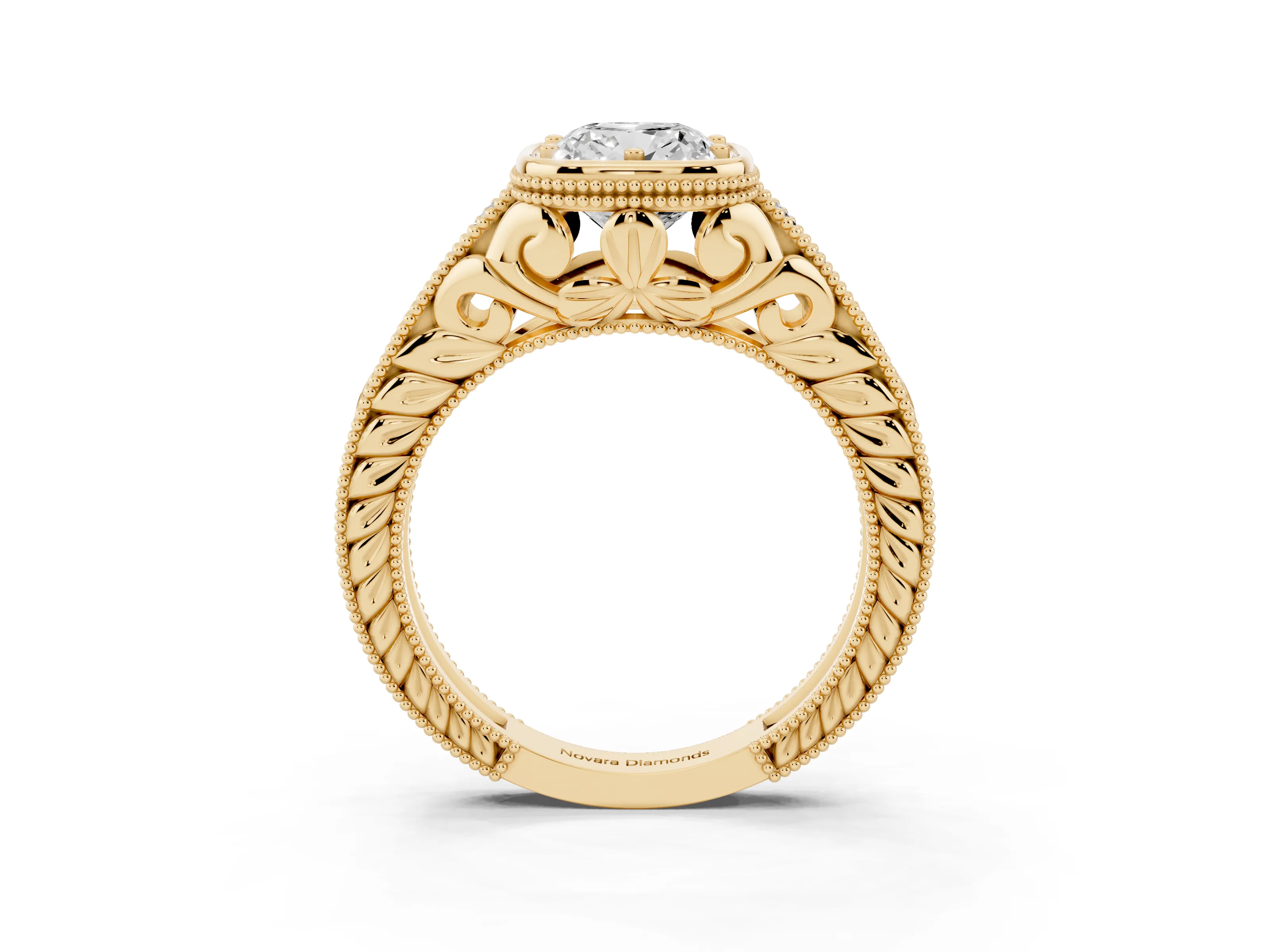 Bezel Set Cushion Cut Diamond Milgrain Pavé Engagement Ring Set in Yellow gold