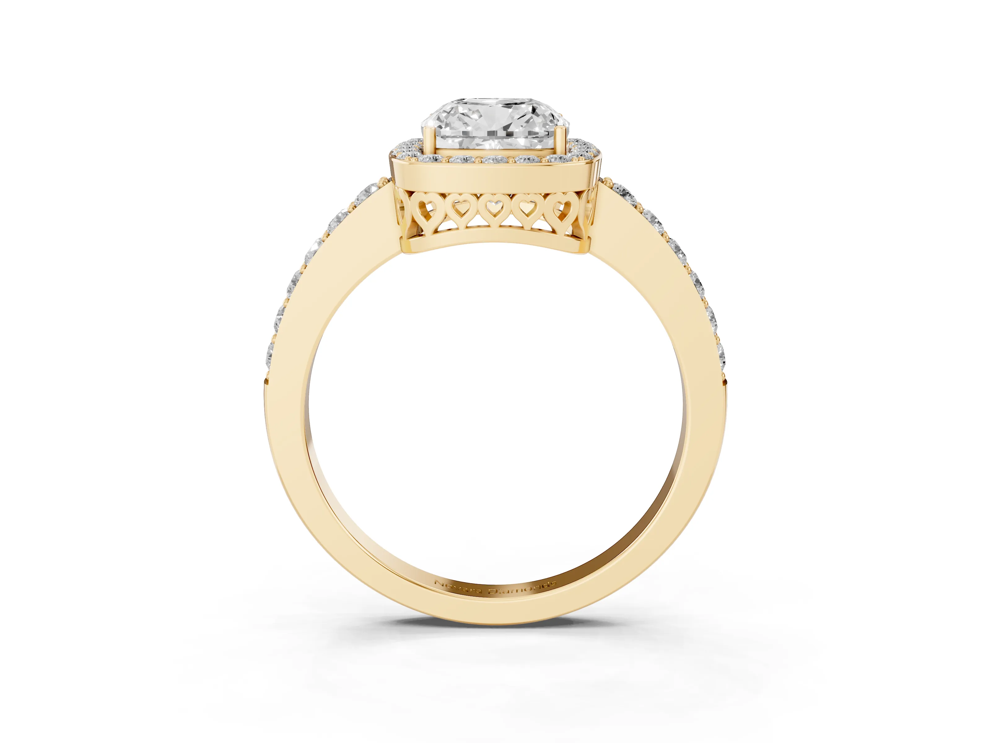 Cushion Cut Diamond Halo Ring Set in Yellow gold with Pavé-Setting Band and Open Prong Center