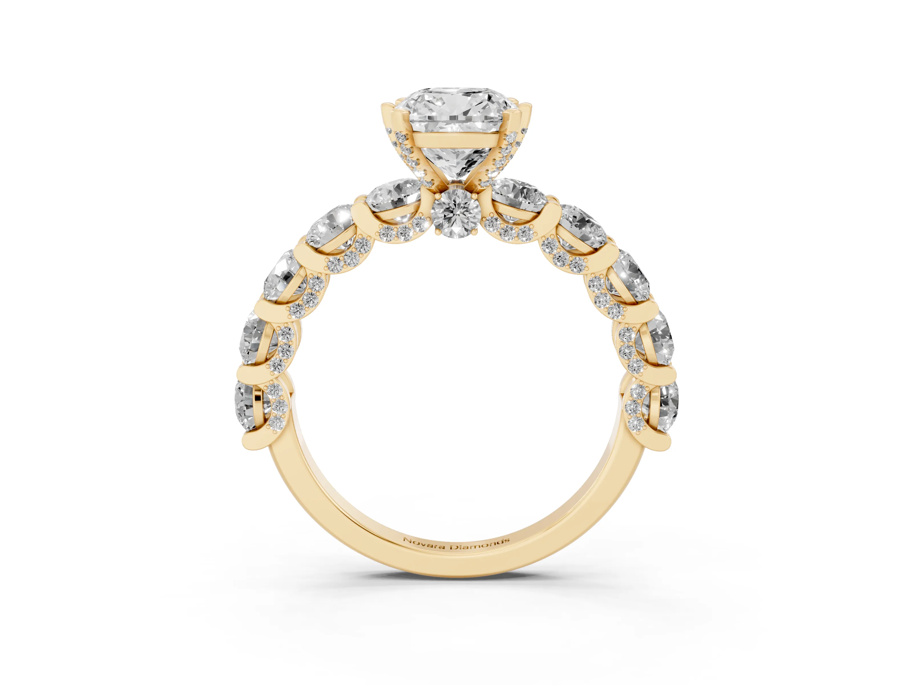 Cushion Cut Diamond Side Stone Ring Set in Yellow gold with Alternating Round and Oval Side Stones