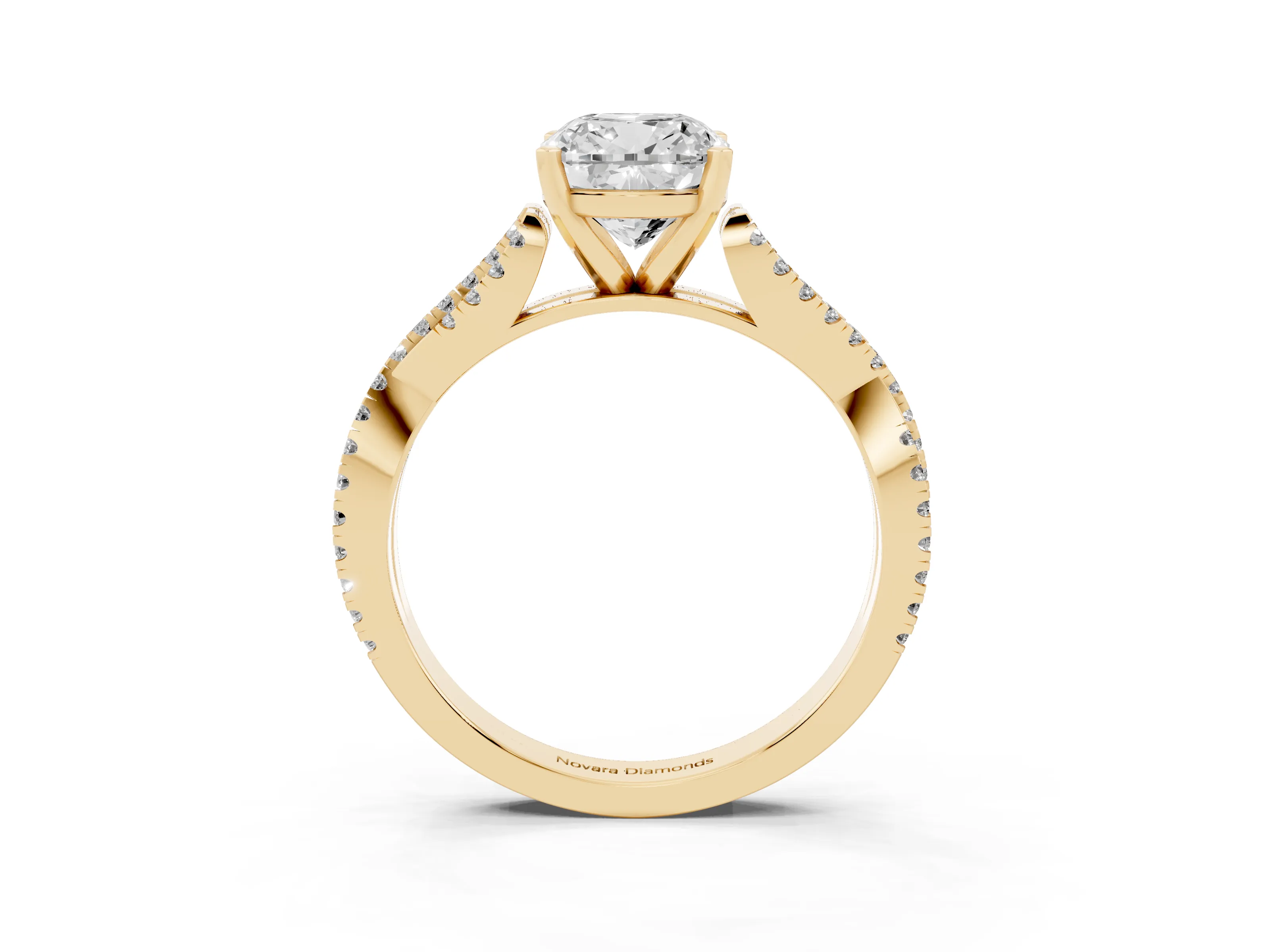 Cushion Cut Diamond Solitaire Engagement Ring Set in Yellow gold with Twisted Pavé Band and Prong Setting