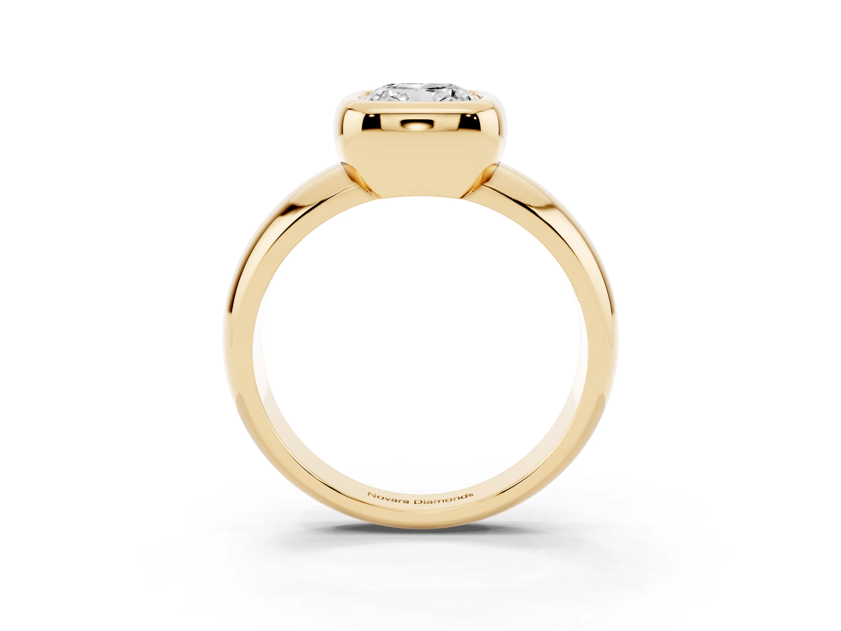 Bezel Set Cushion Cut Diamond Solitaire Ring Set in Yellow gold with Wide Band
