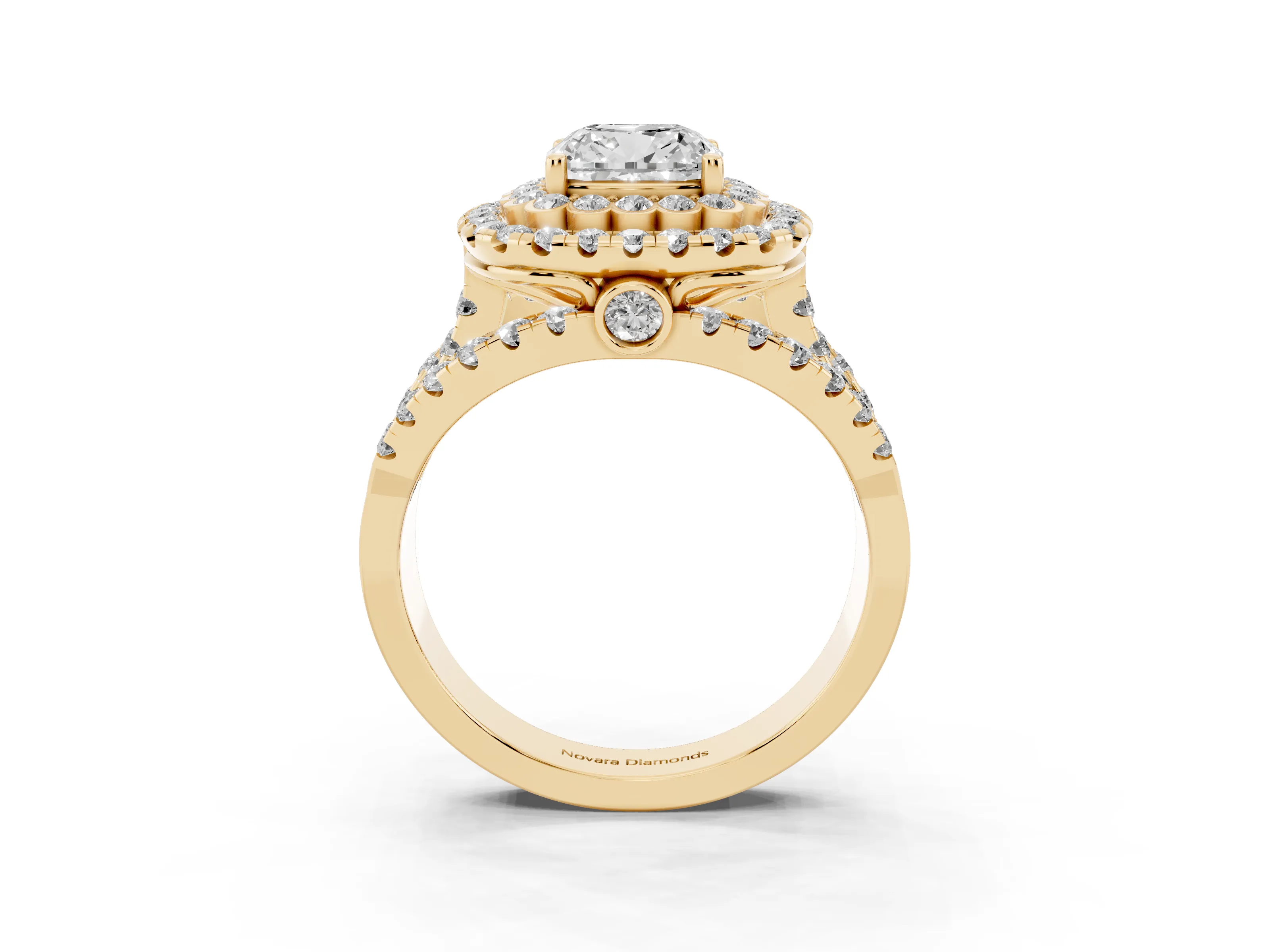 Cushion Cut Diamond Double Halo Ring Set in Yellow gold with Round Pavé Split Shank