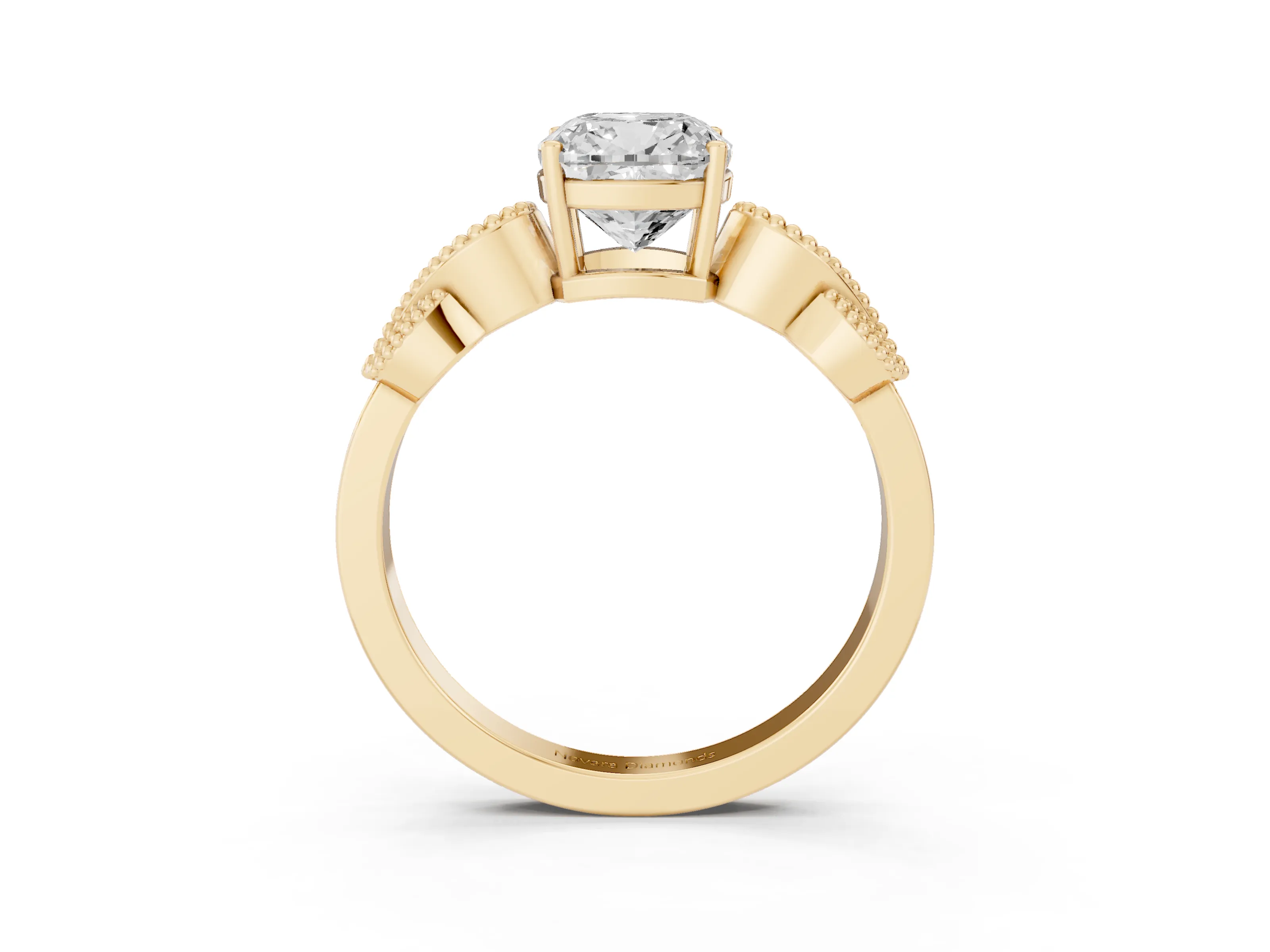 Cushion Cut Diamond Milgrain Leaf Band Solitaire Ring Set in Yellow gold with Accent Stones and Prong Setting