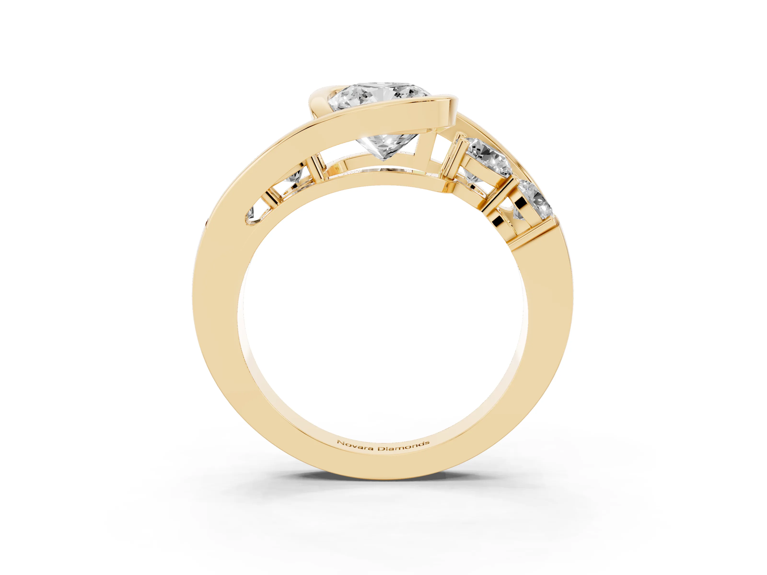 Cushion Cut Diamond Bezel Bypass Ring Set in Yellow gold with Round Accents