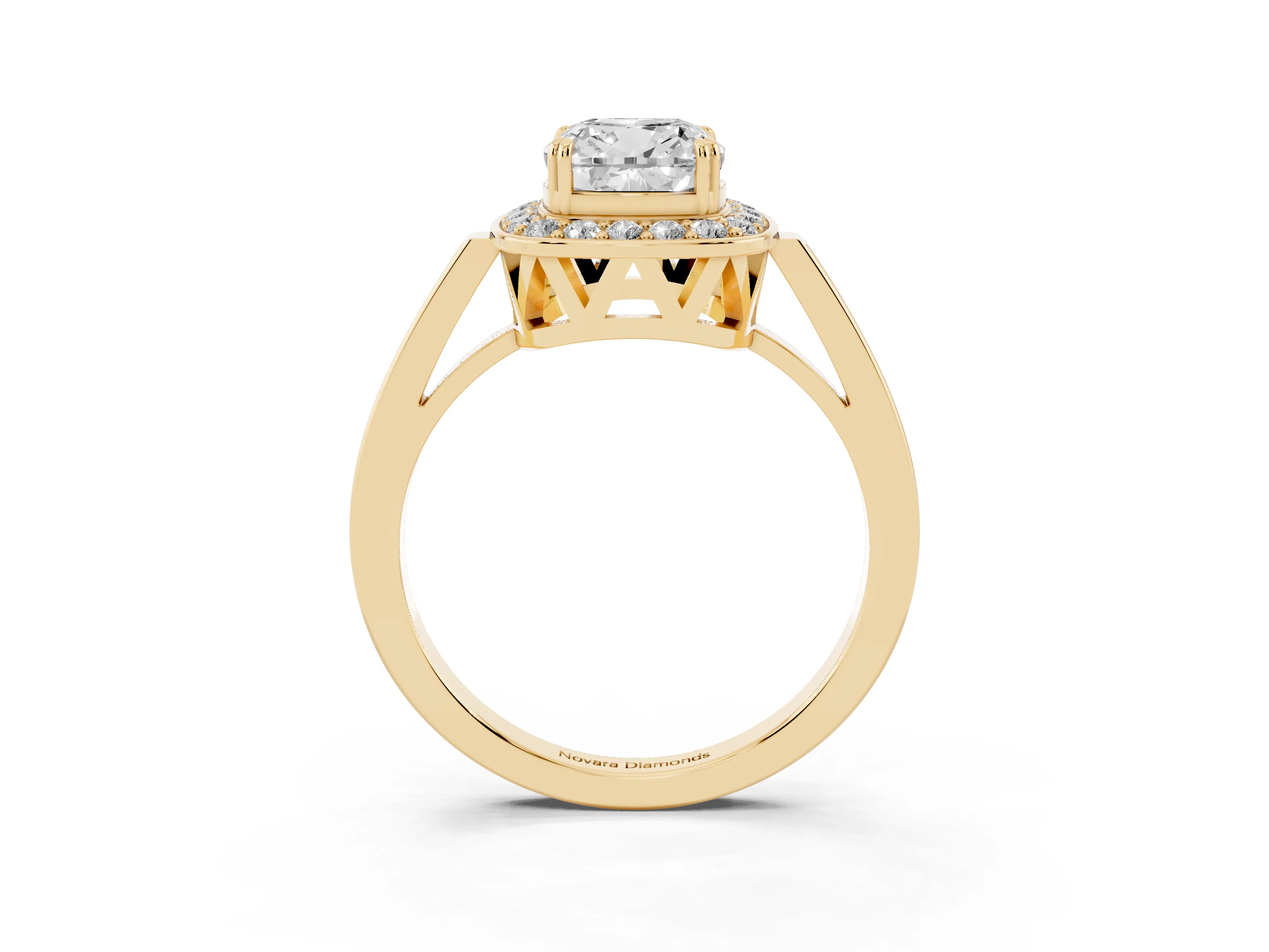 Cushion Cut Diamond Halo Ring Set in Yellow gold with Accent-Lined Split Shank and Prong Setting
