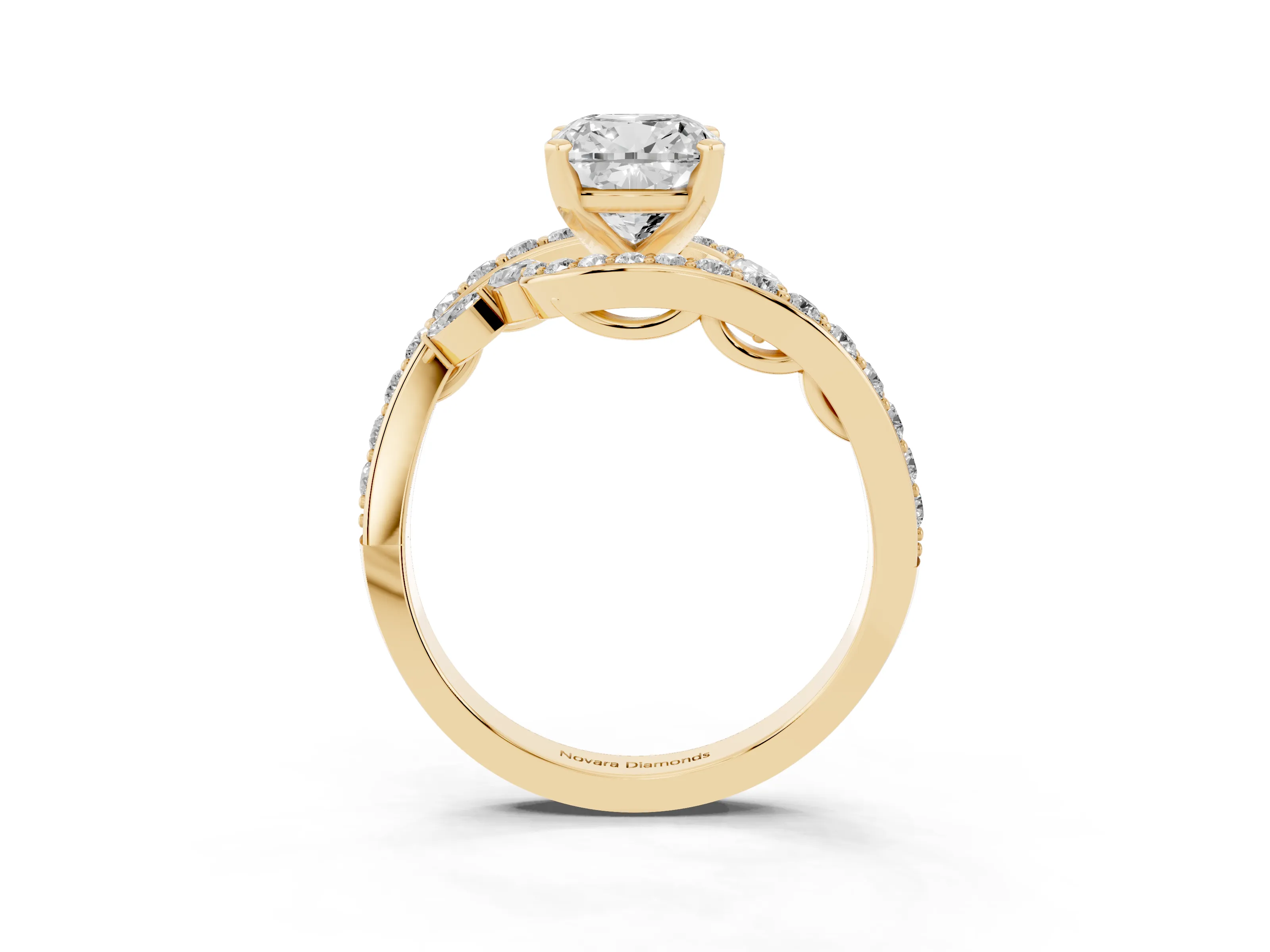 Cushion Cut Diamond Solitaire Ring Set in Yellow gold with Pavé Twist Band and Secure Prong Setting