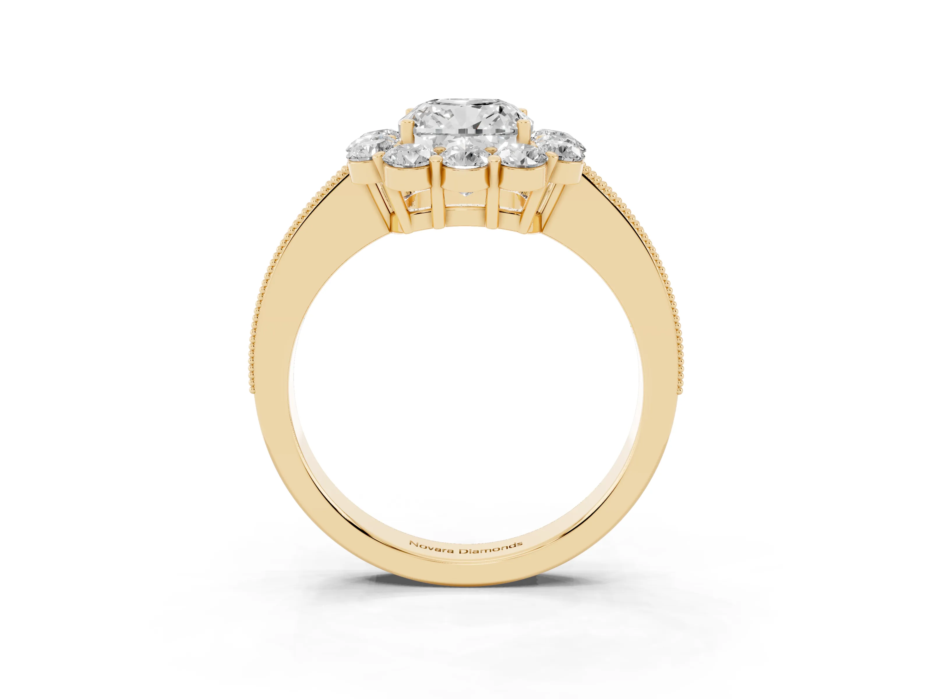 Cushion Cut Diamond Halo Pavé Engagement Ring Set in Yellow gold with Milgrain Detailing