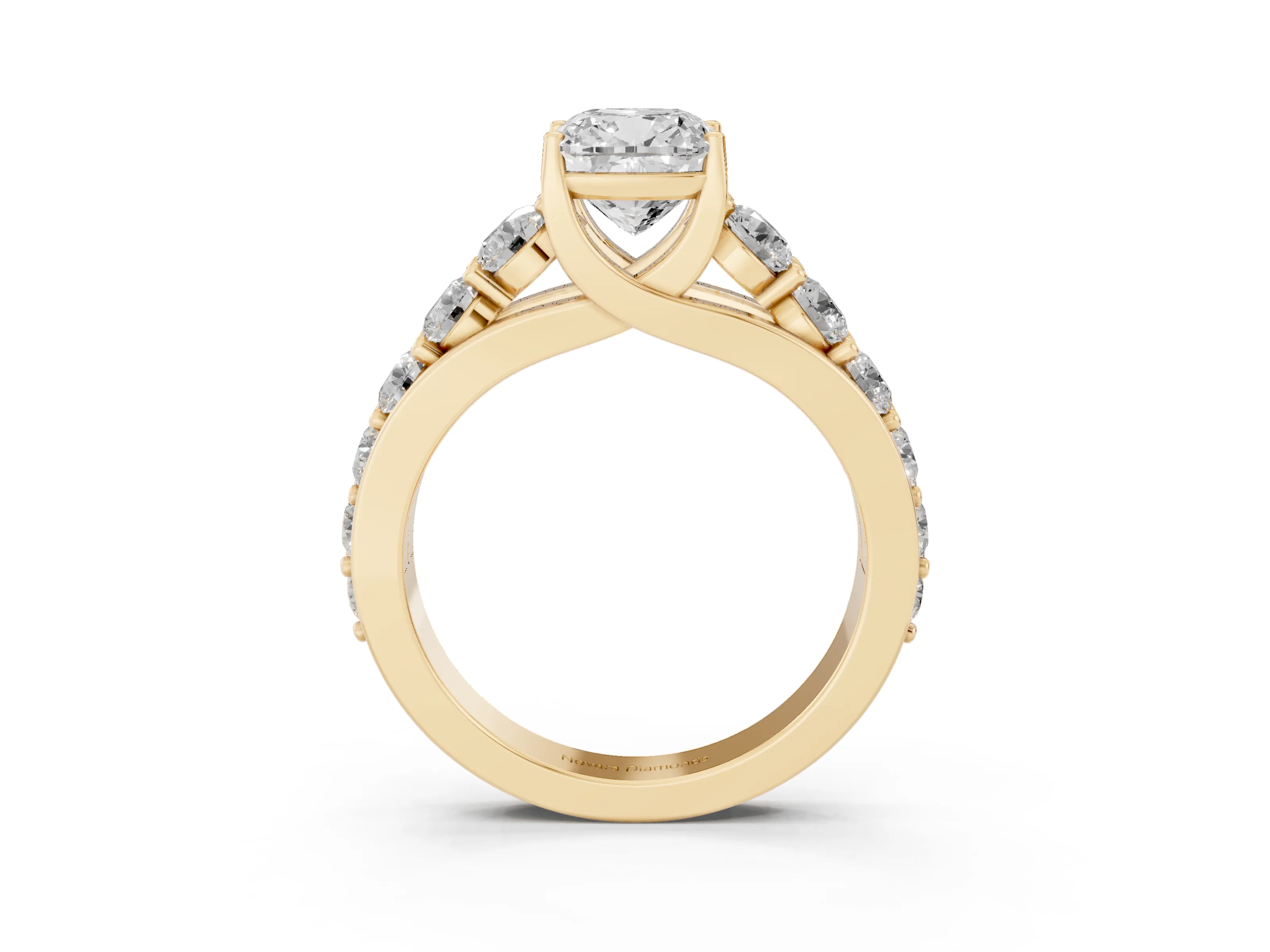 Cushion Cut Diamond Pavé Engagement Ring Set in Yellow gold with Prong Setting