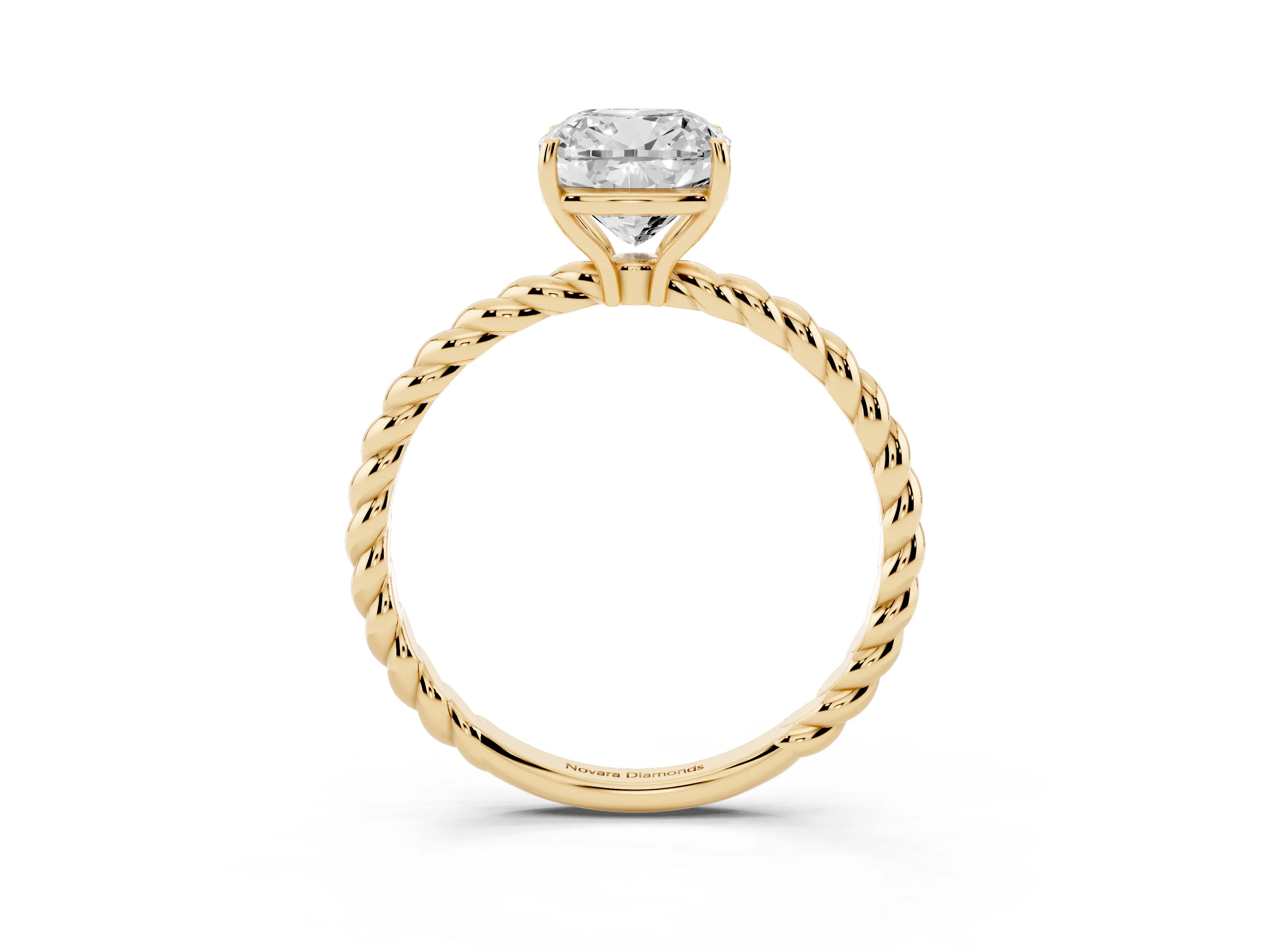 Cushion Cut Diamond Solitaire Ring Set in Yellow gold with Twist Band and Prong Setting