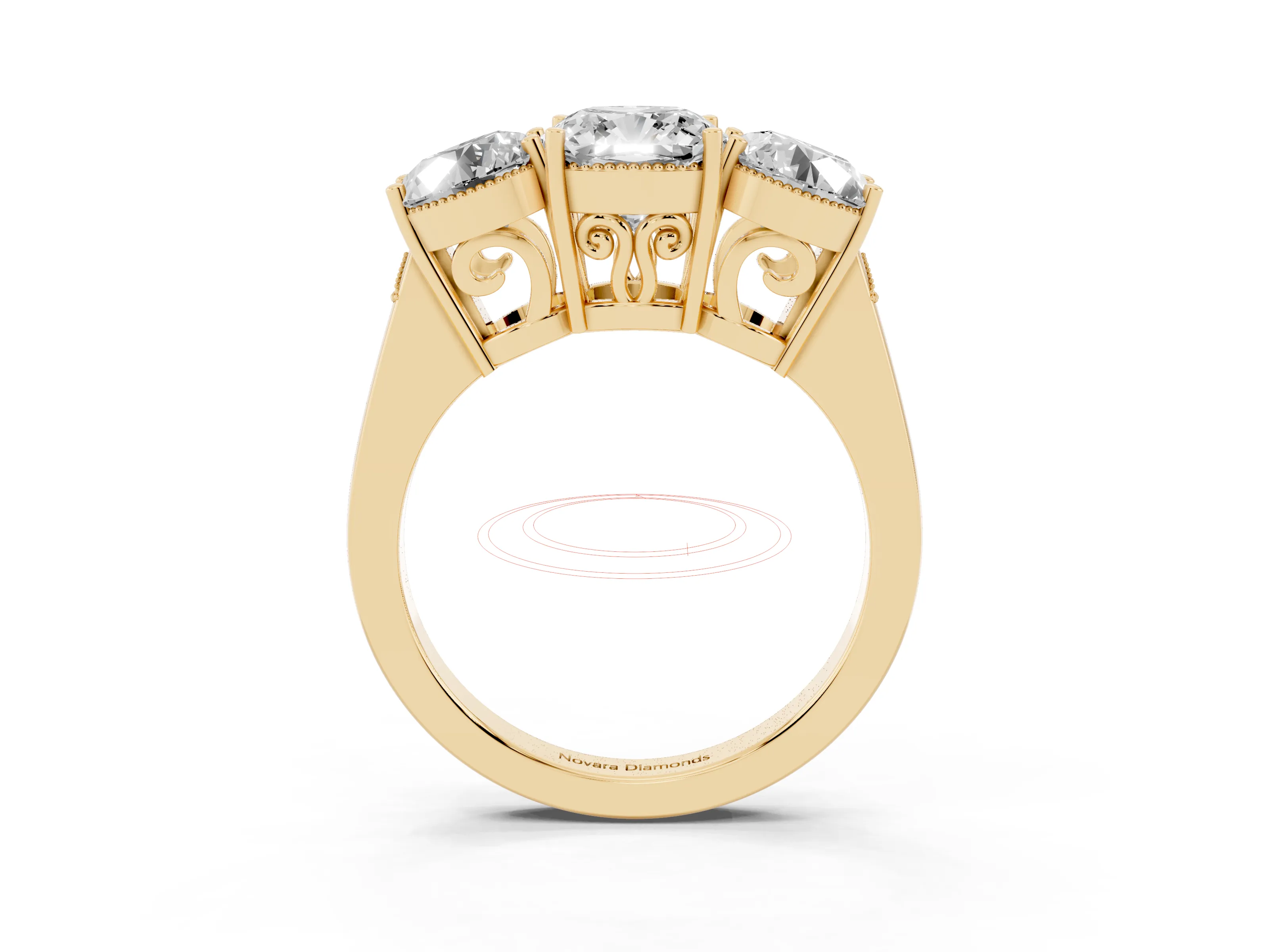 Cushion Cut Diamond Three-Stone Engagement Ring Set in Yellow gold with Polished Band