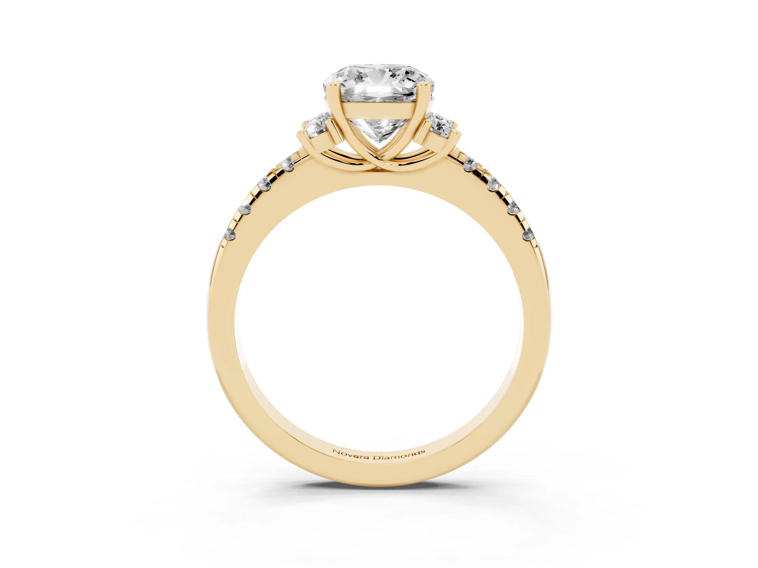 Cushion Cut Diamond Three-Stone Pavé Ring Set in Yellow gold with Prong Setting