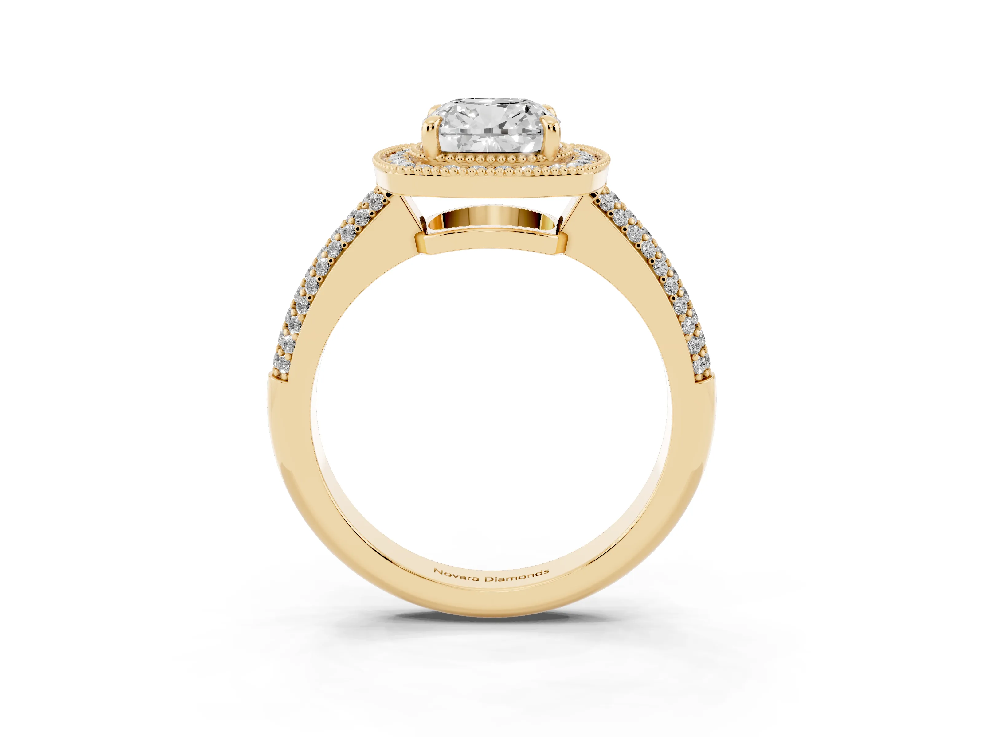 Cushion Cut Diamond Halo Pavé Band Set in Yellow gold with Prong Setting