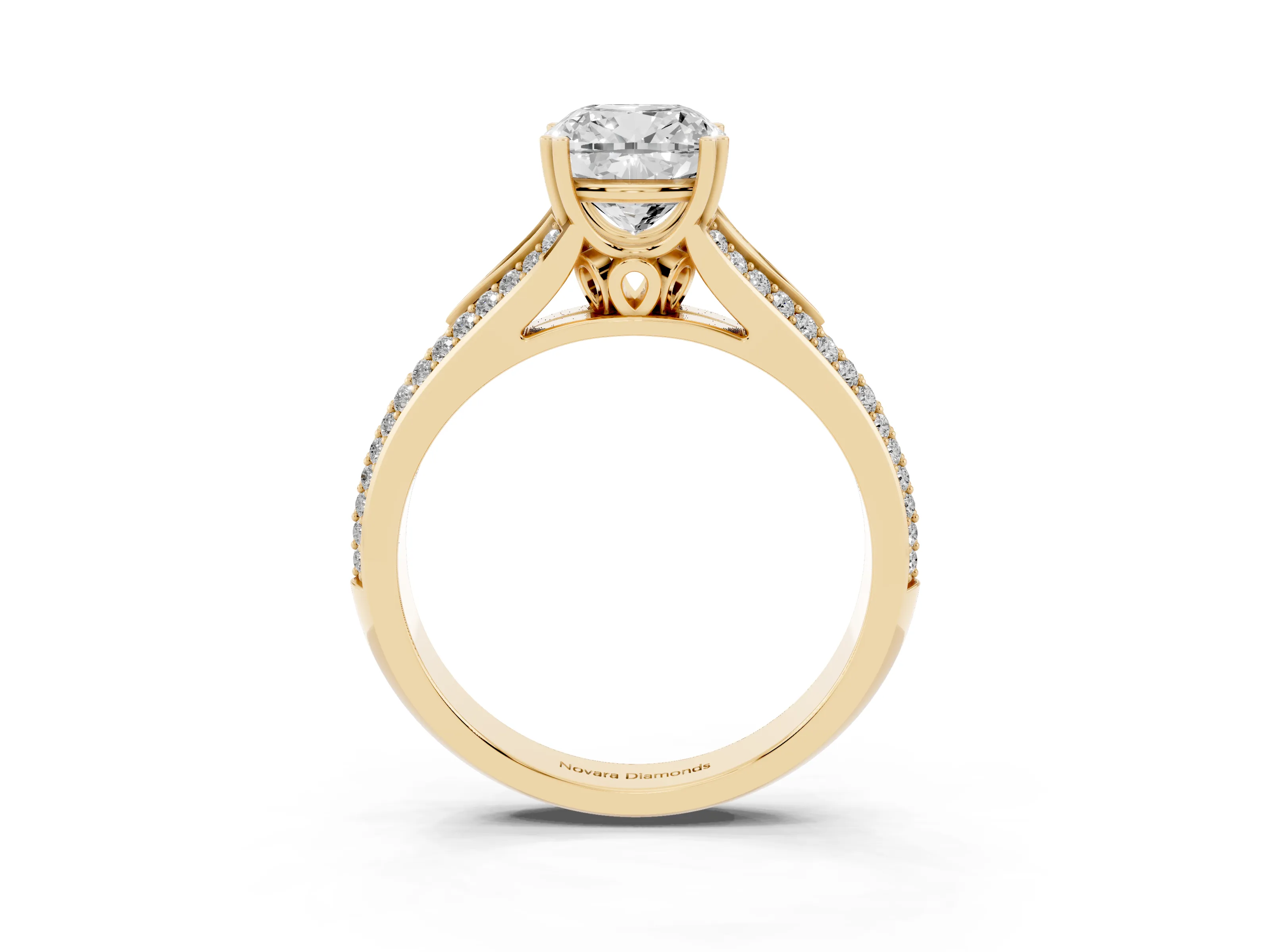 Cushion Cut Diamond Split Shank Pavé Engagement Ring Set in Yellow gold with Prong-Set Center Stone