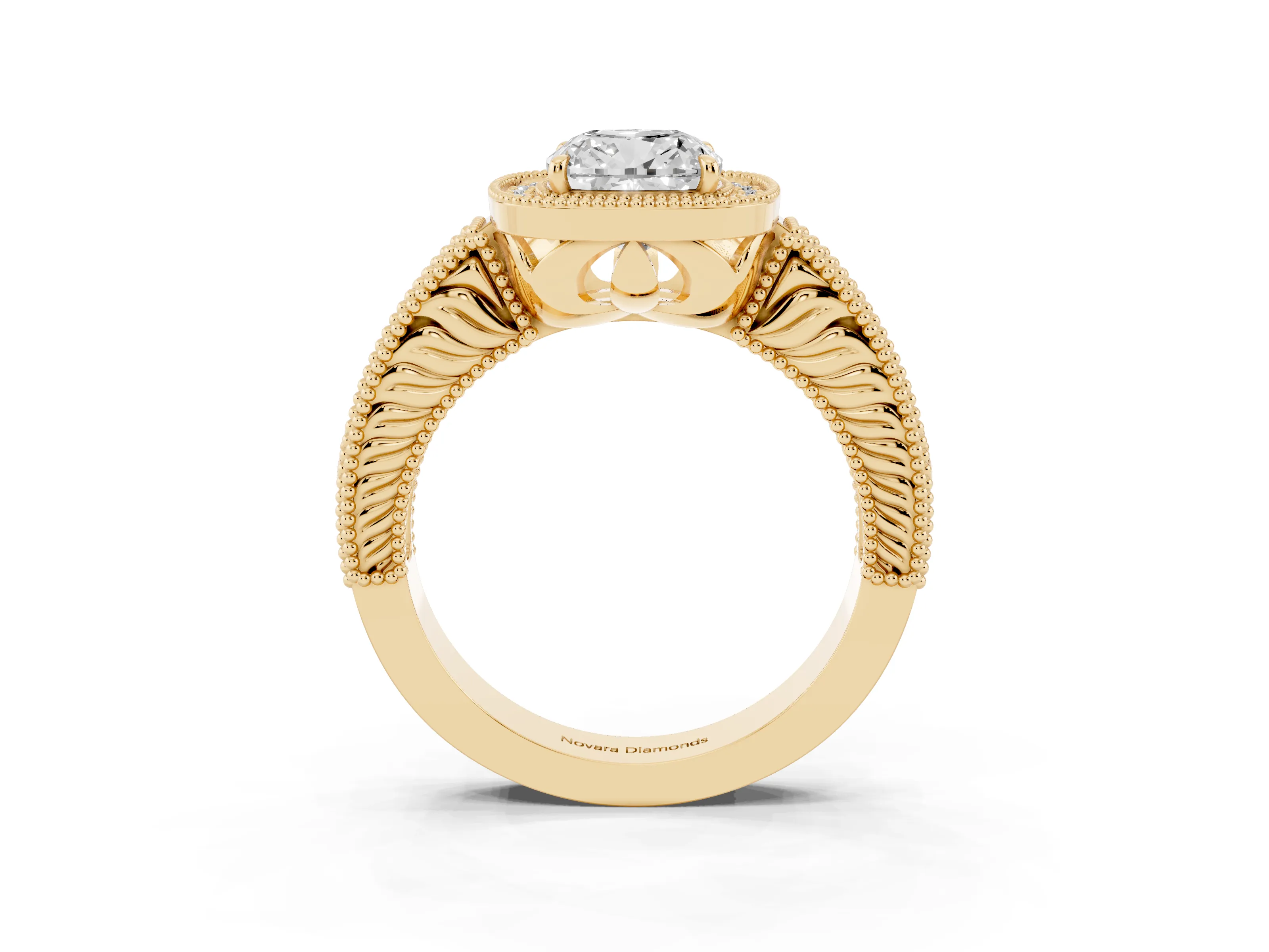 Cushion Cut Diamond Halo Ring Set in Yellow gold with Round Accent Halo, Pavé Band and Prong Setting