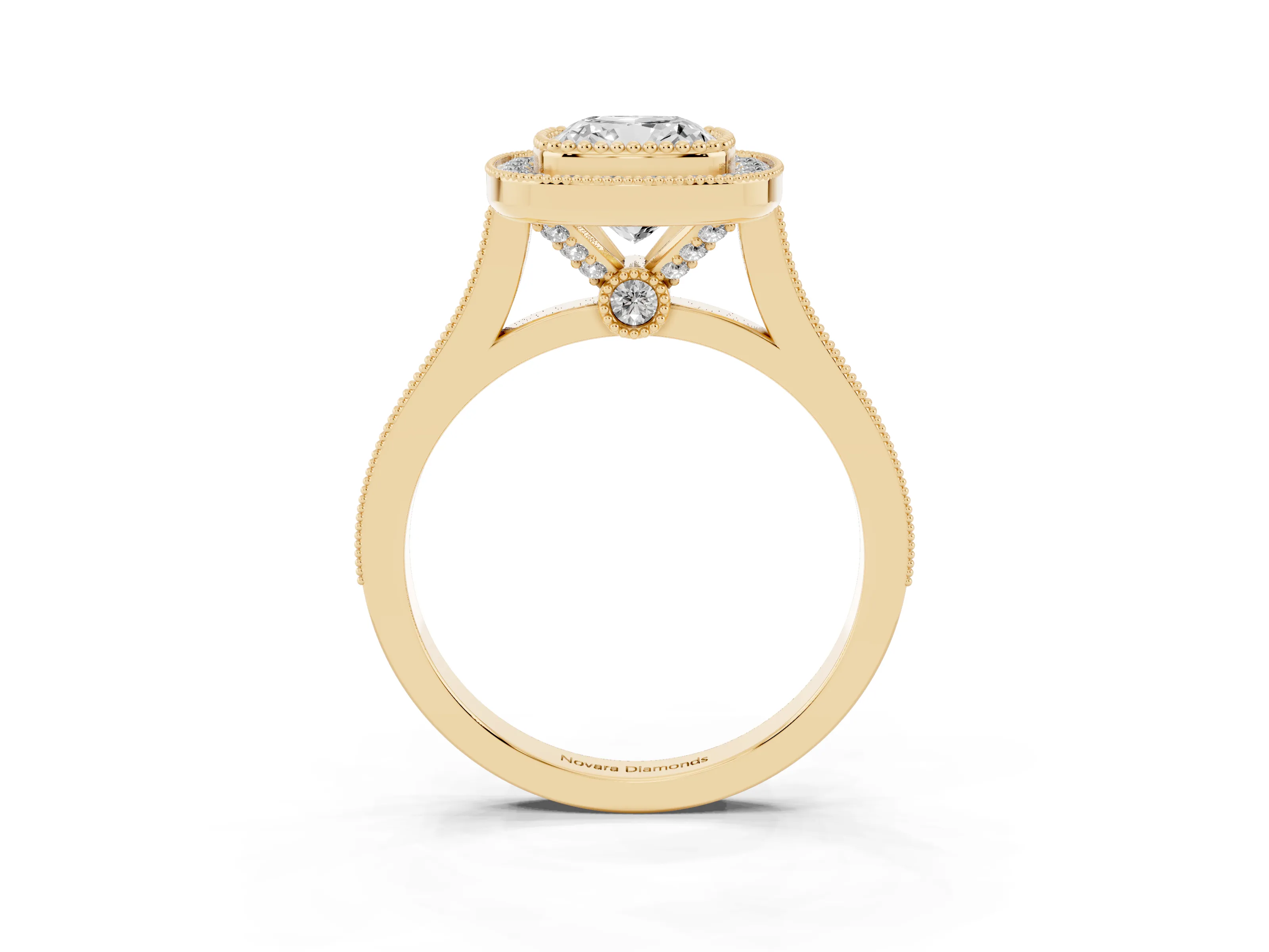 Cushion Cut Diamond Halo Ring Set in Yellow gold with Milgrain Frame and Pavé Band