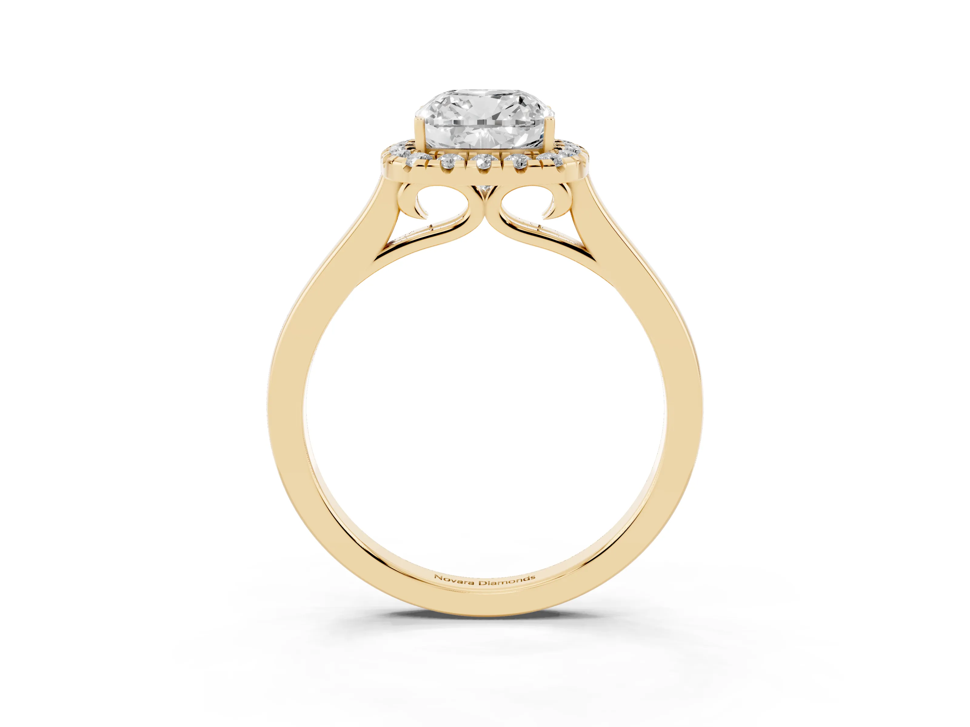 Cushion Cut Halo Round Diamond Solitaire Ring Set in Yellow gold with Pavé Band and Prong Setting