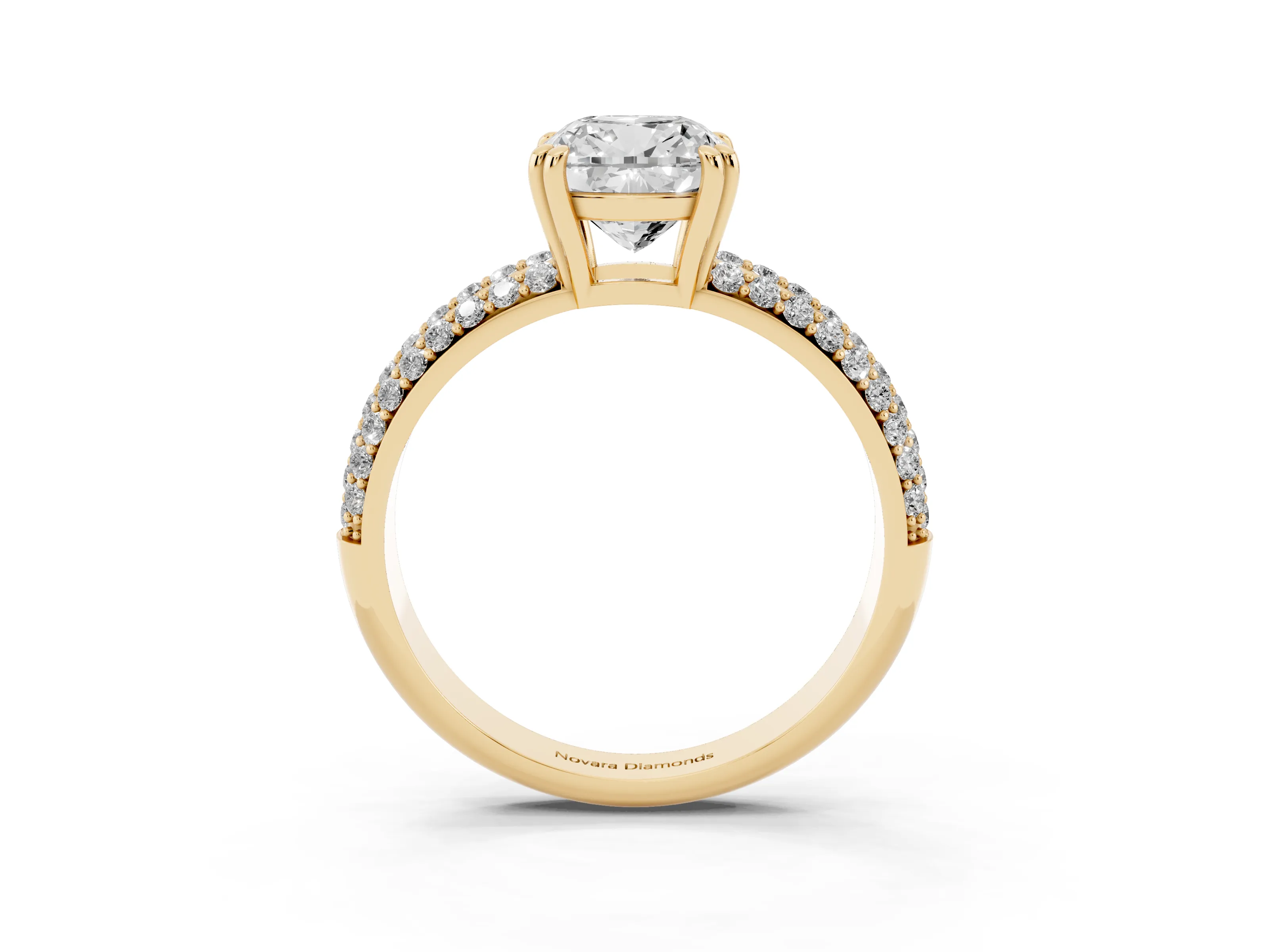 Cushion Cut Diamond Solitaire Ring Set in Yellow gold with Multi-Row Round Pavé Band and Prong Setting