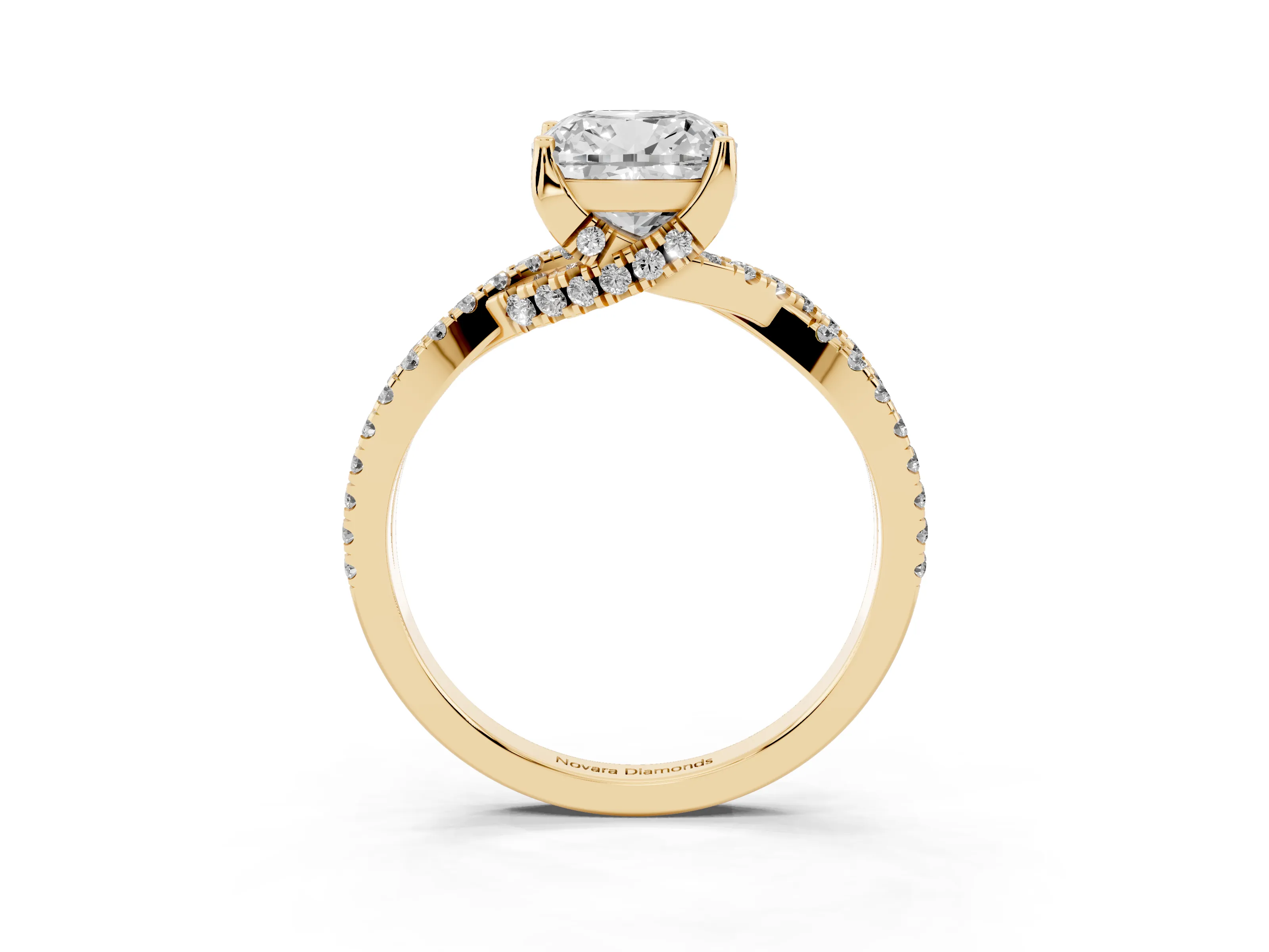 Cushion Cut Diamond Twist Pavé Solitaire Engagement Ring Set in Yellow gold with Prong Setting