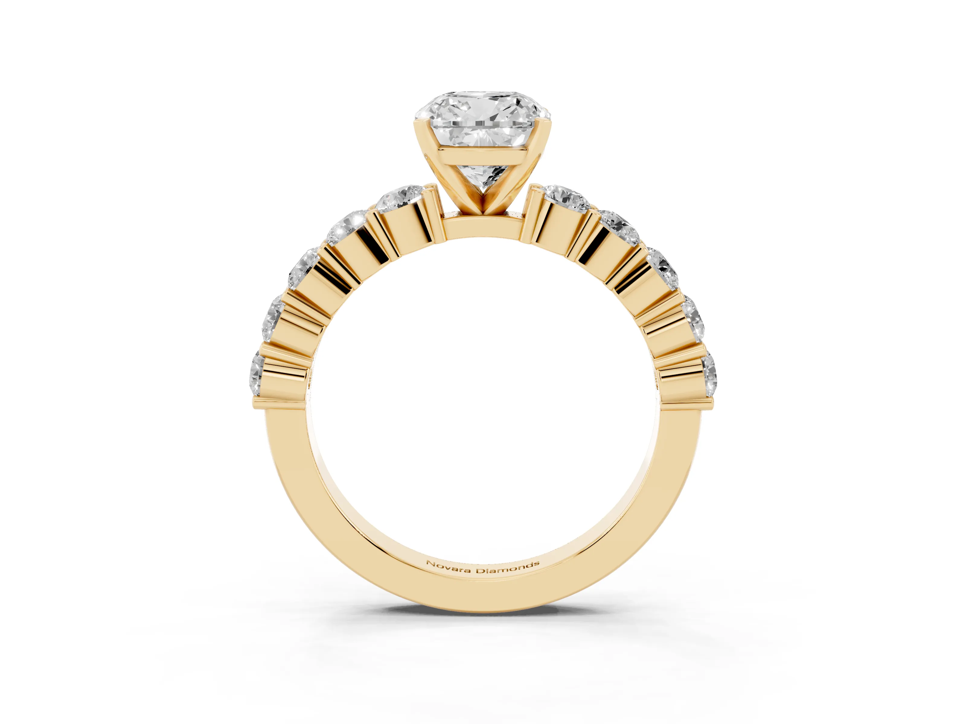 Cushion Cut Diamond Solitaire Ring Set in Yellow gold with Shared Prong Round Side Stones