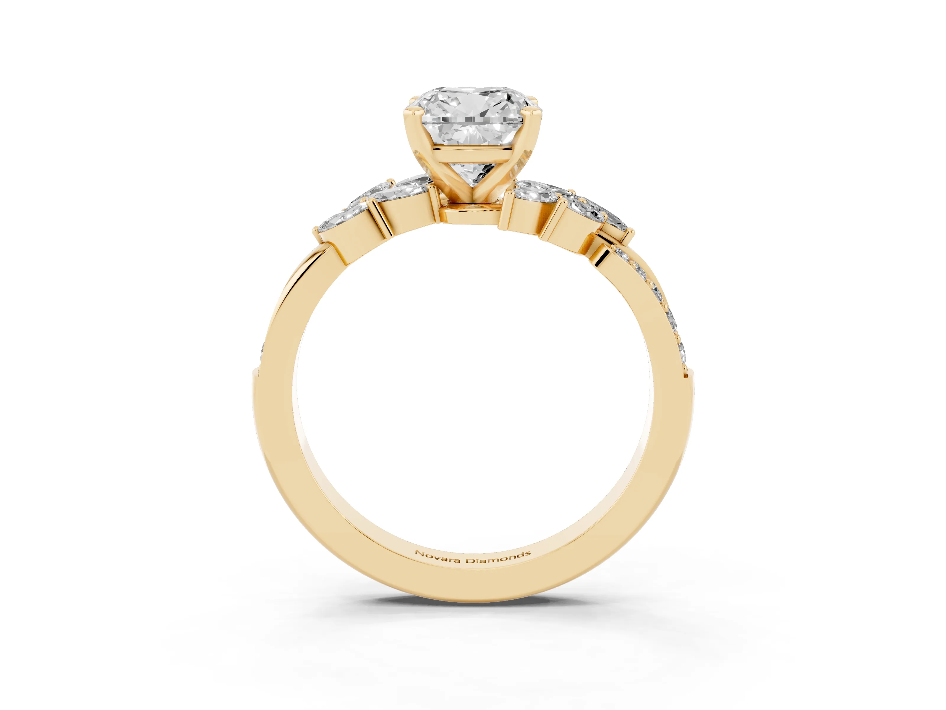 Cushion Cut Diamond Solitaire Ring Set in Yellow gold with Marquise Twist Band and Prong Setting