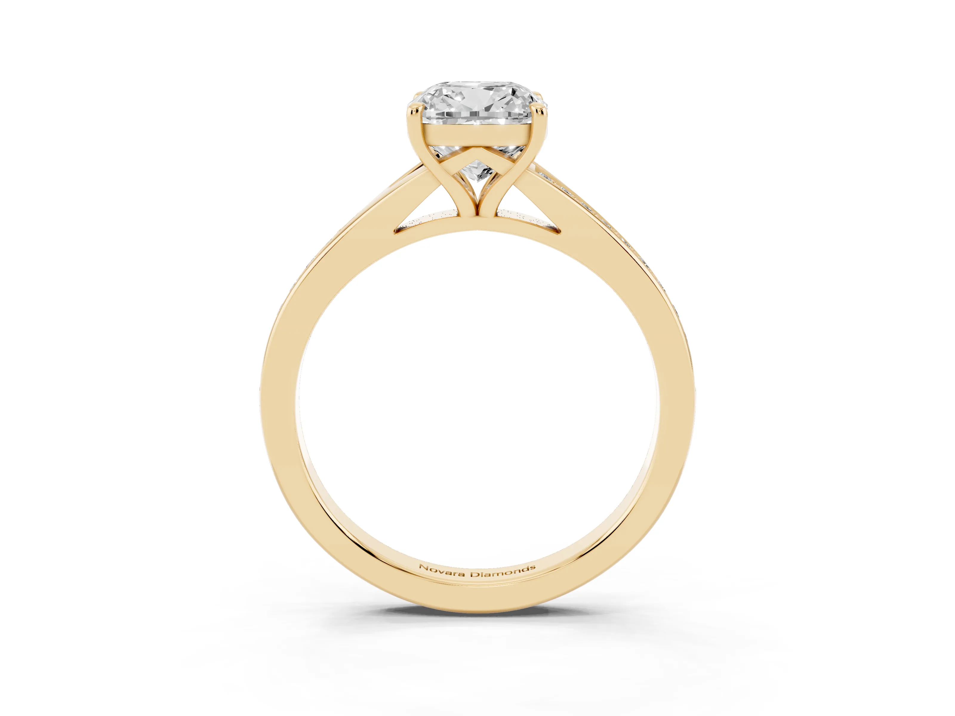 Cushion Cut Diamond Solitaire Ring Set in Yellow gold with Pavé Accent Band and Classic Prong Setting