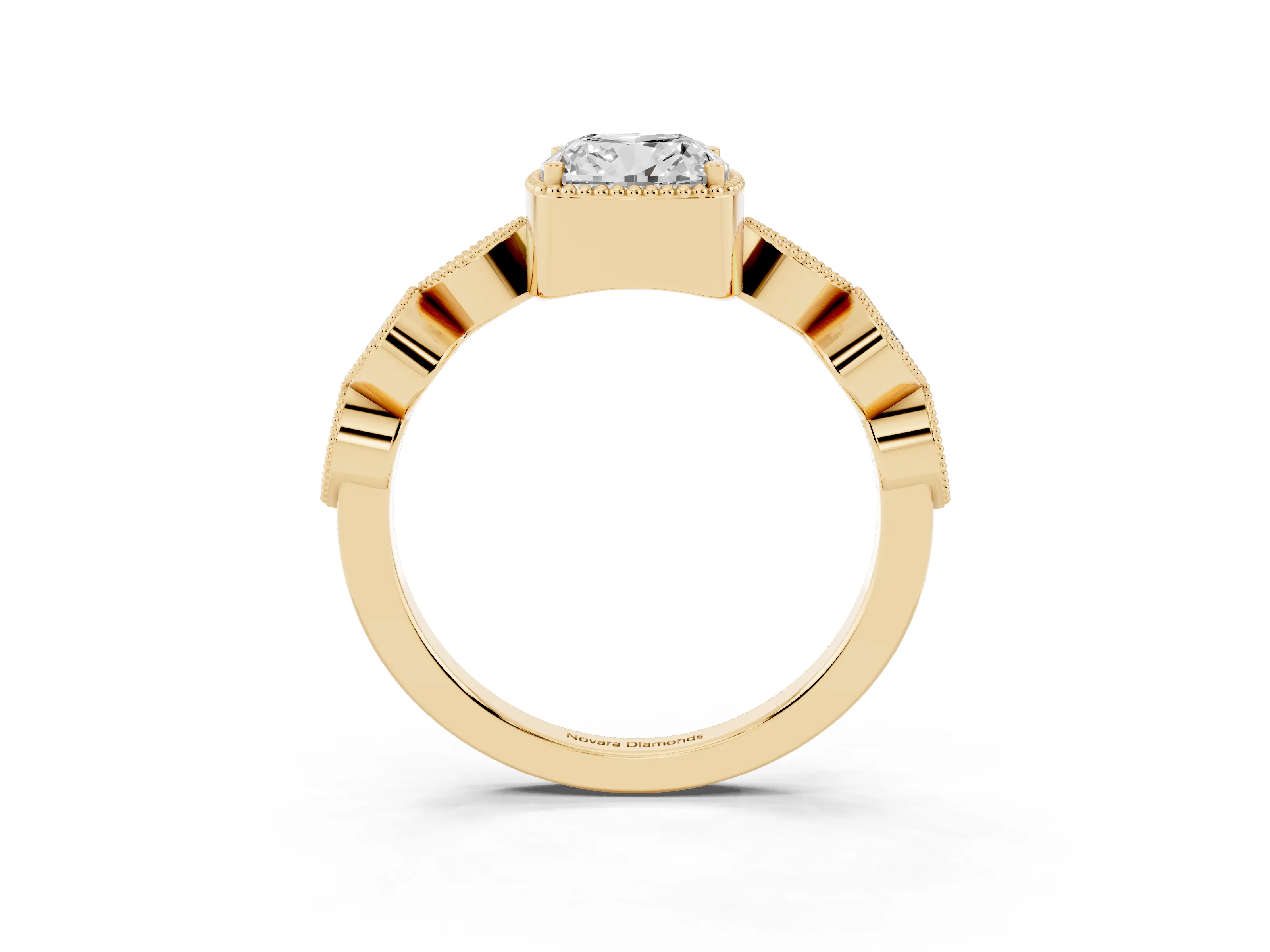 Cushion Cut Diamond Vintage-Inspired Milgrain Ring Set in Yellow gold with Marquise Stations of Round Accents