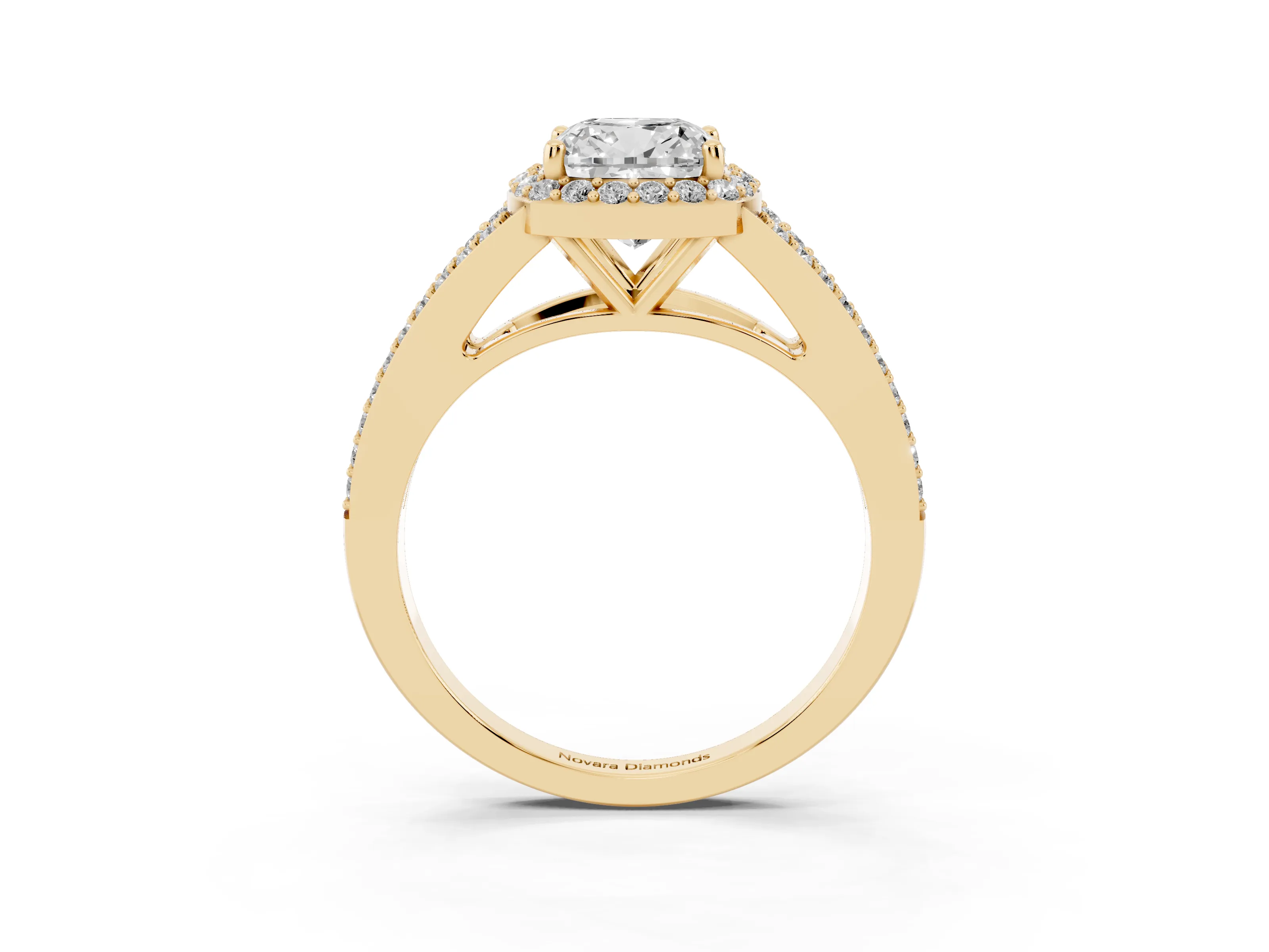 Cushion Cut Diamond Halo Split Shank Ring Set in Yellow gold with Accent Stones and Prong Setting
