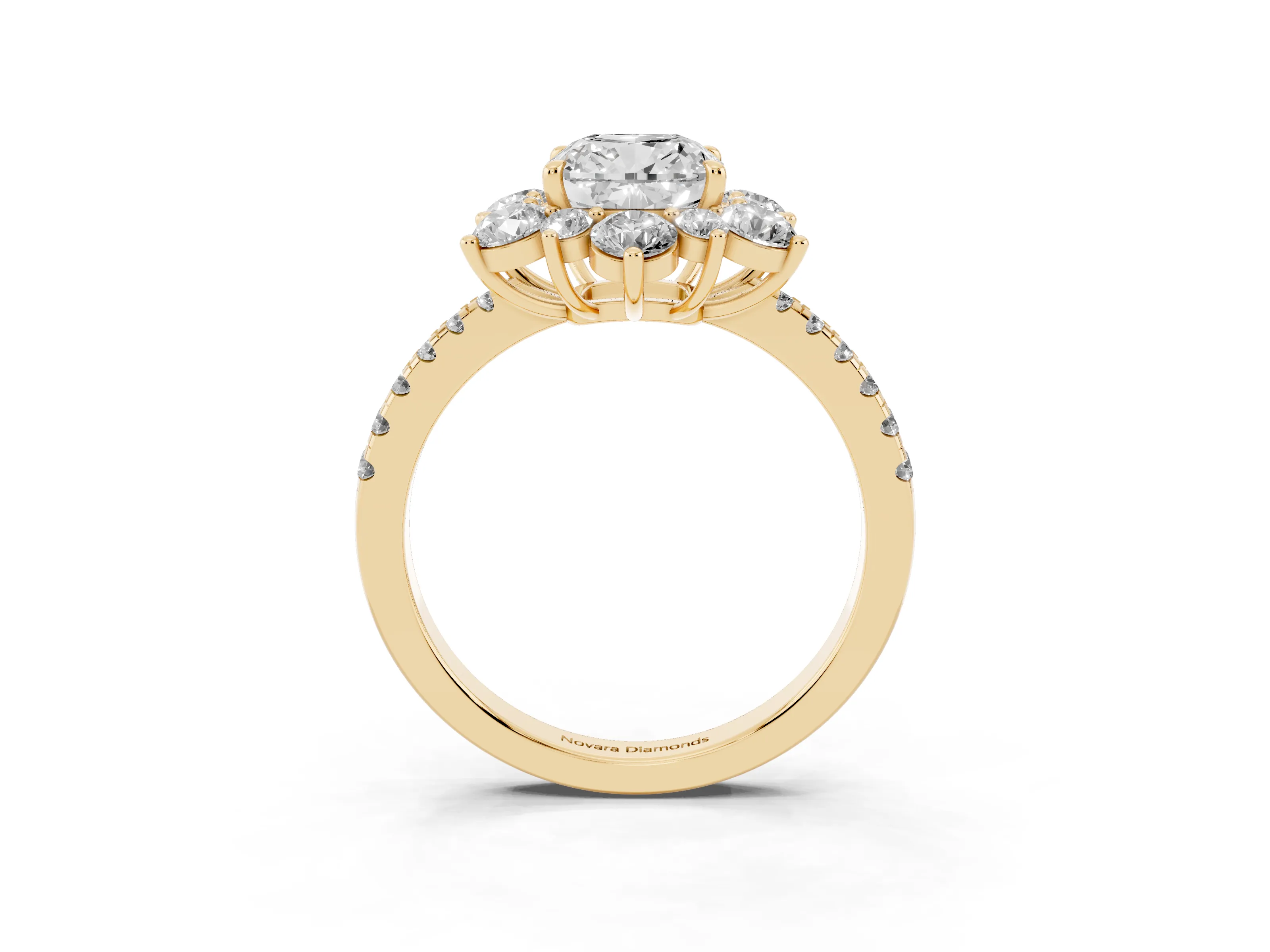 Cushion Cut Diamond Floral Halo Ring Set in Yellow gold with Round Pavé Band and Prong Setting