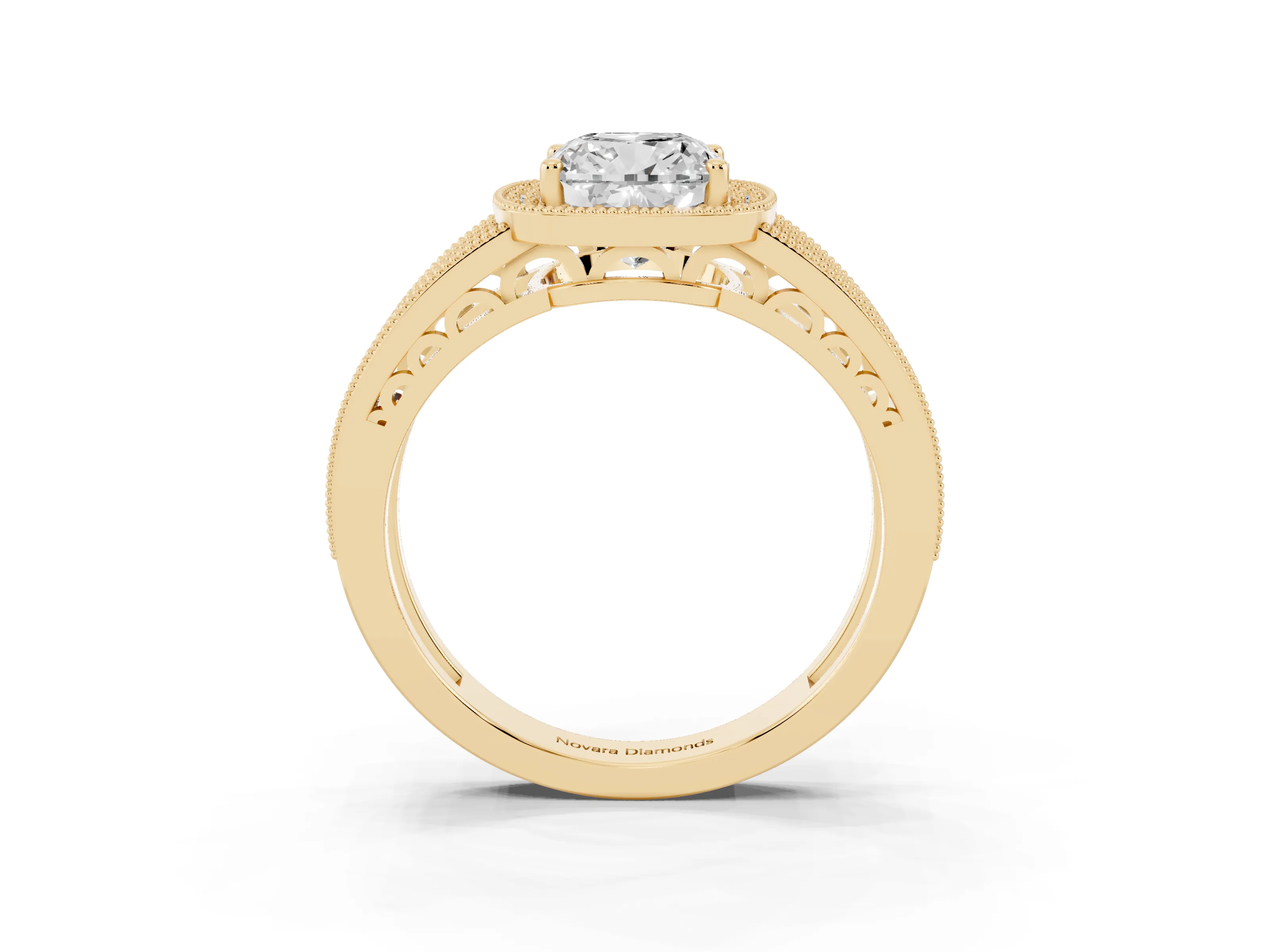 Cushion Cut Diamond Halo Ring Set in Yellow gold with Accent Split Shank and Prong Setting