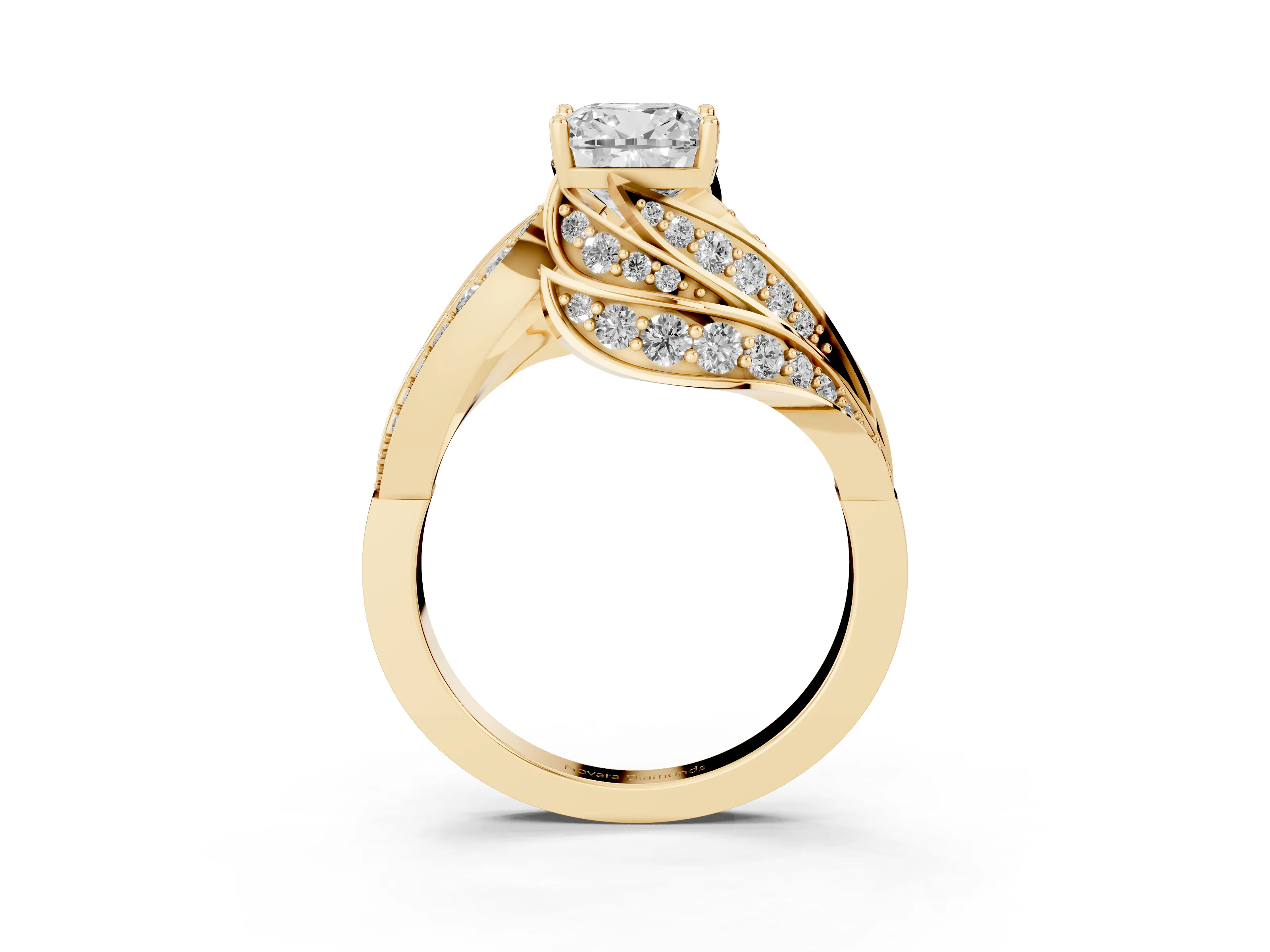 Cushion Cut Diamond Solitaire Ring Set in Yellow gold with Layered Twist Pavé Band