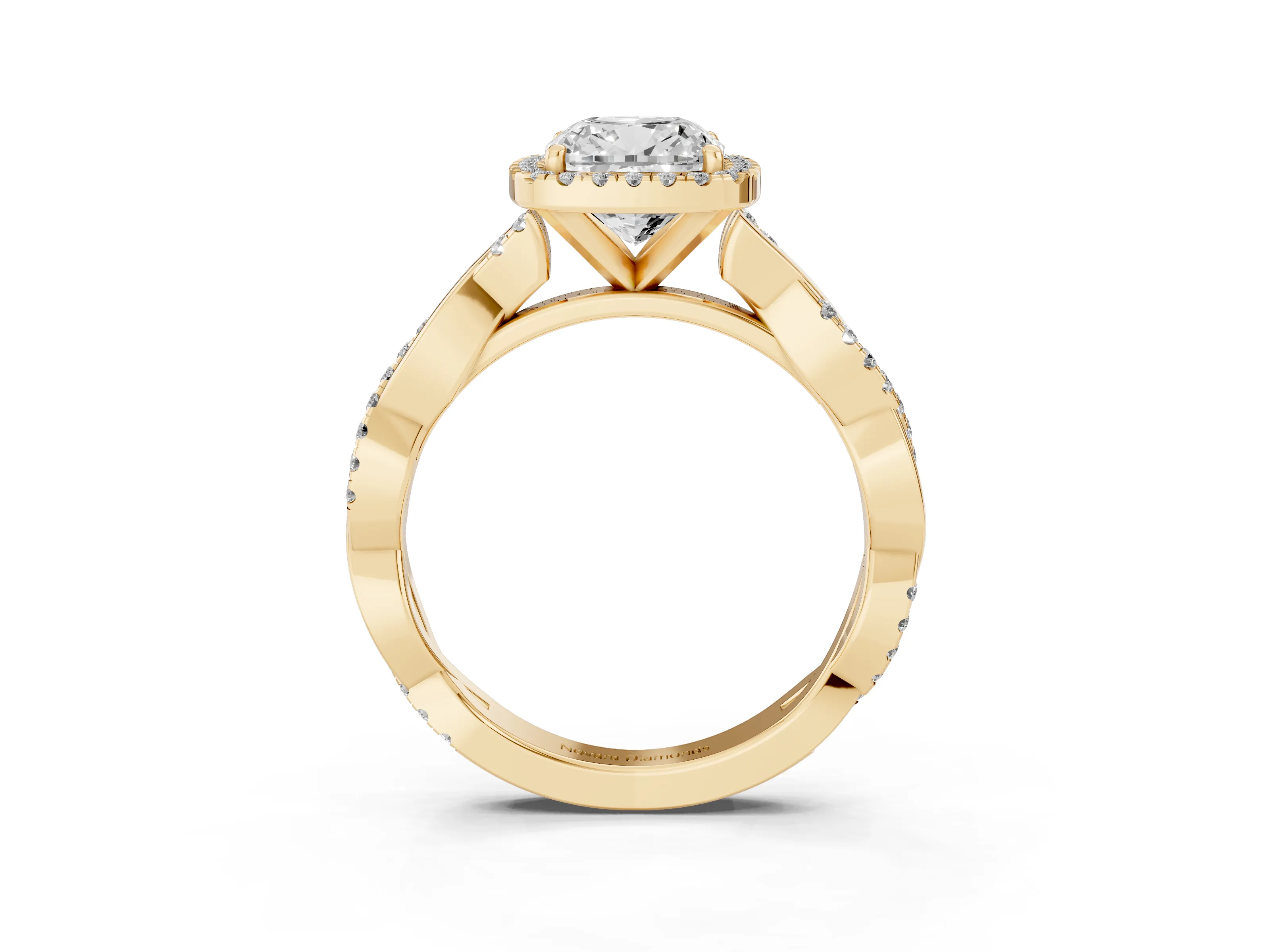 Cushion Cut Diamond Halo Twisted Band Ring Set in Yellow gold with Prong Setting