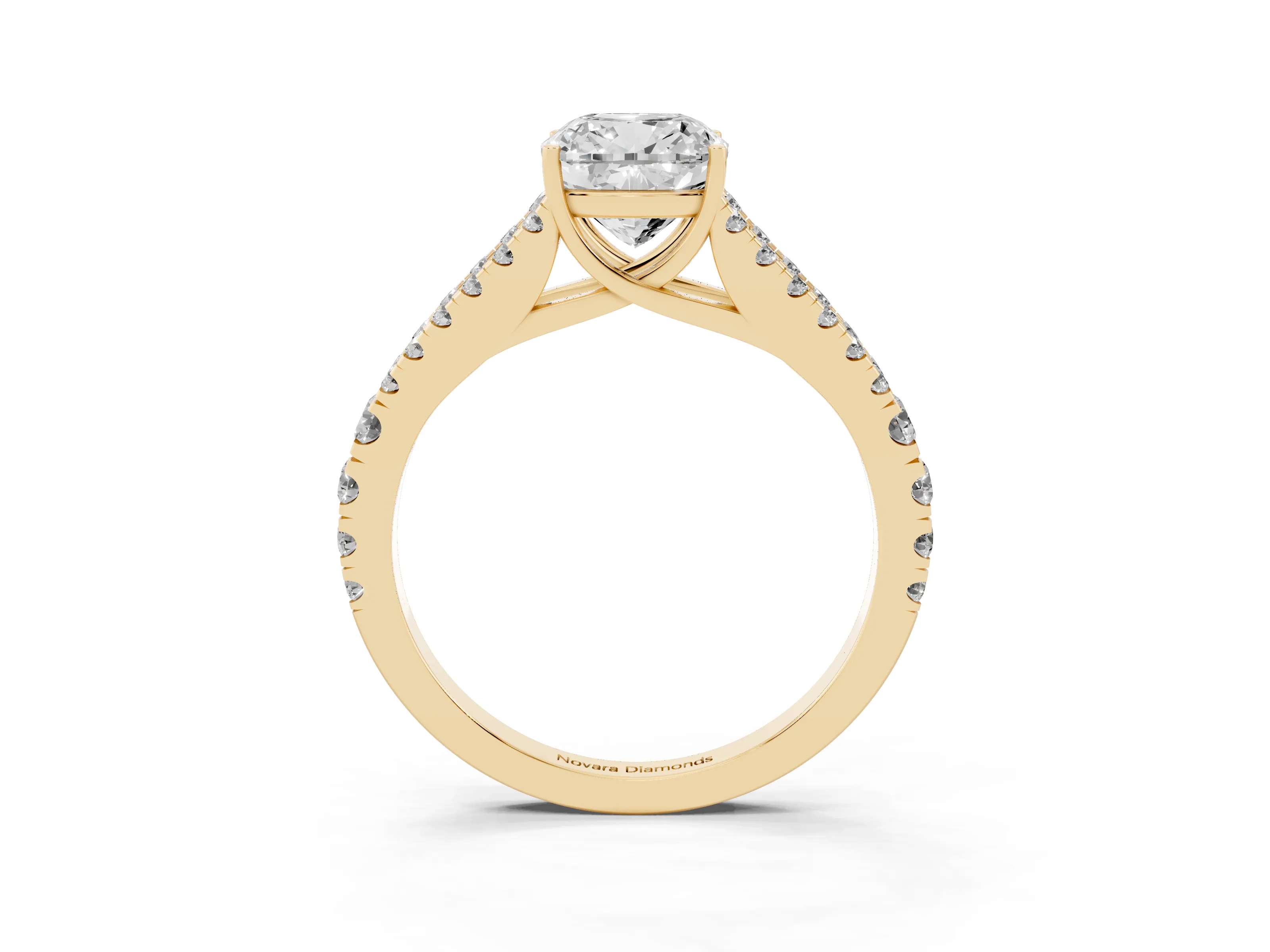 Cushion Cut Diamond Split Shank Pavé Engagement Ring Set in Yellow gold with Prong-Held Center Stone