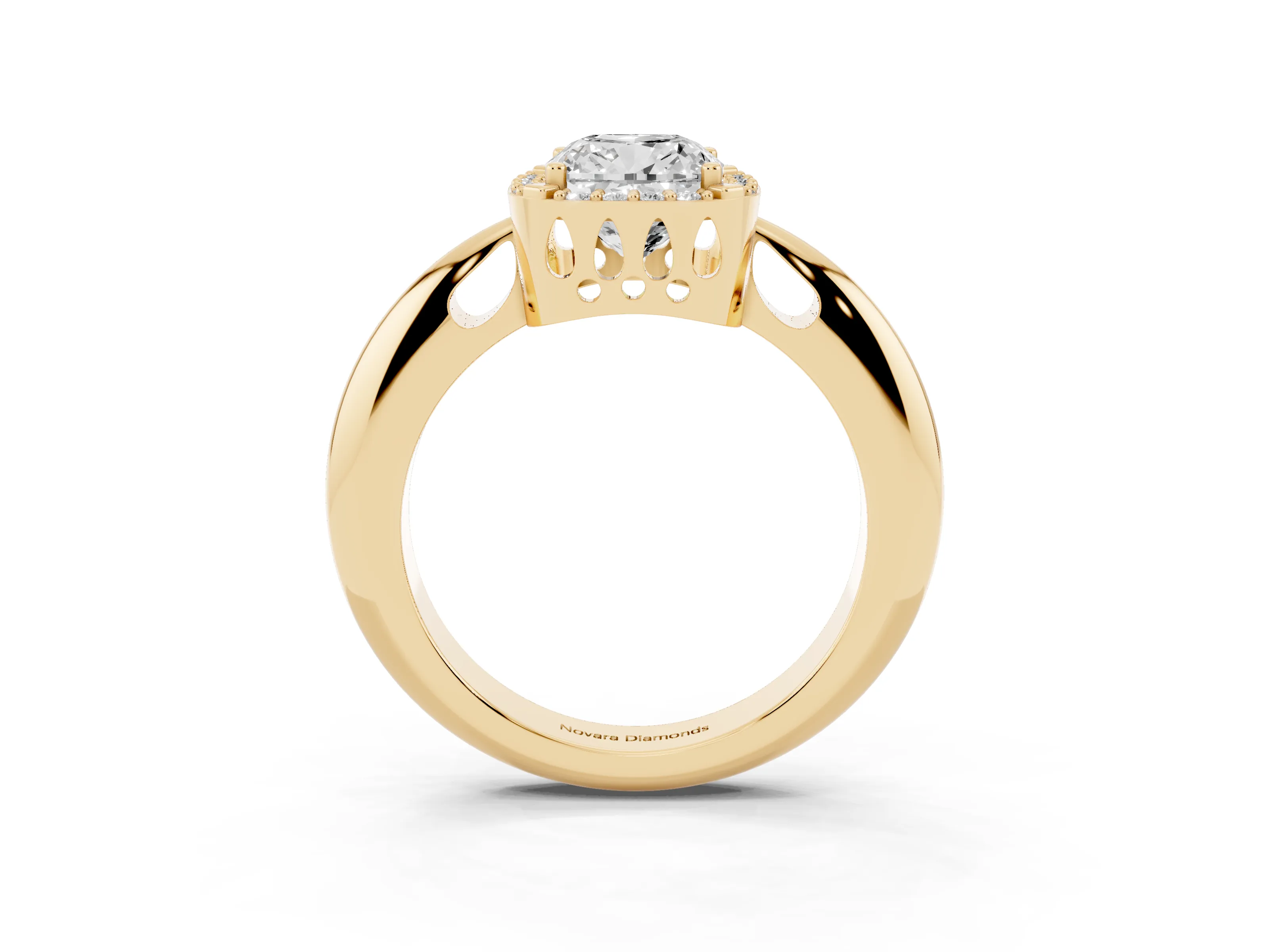 Cushion Cut Diamond Halo Engagement Ring Set in Yellow gold with Plain Split Shank and Prong Setting