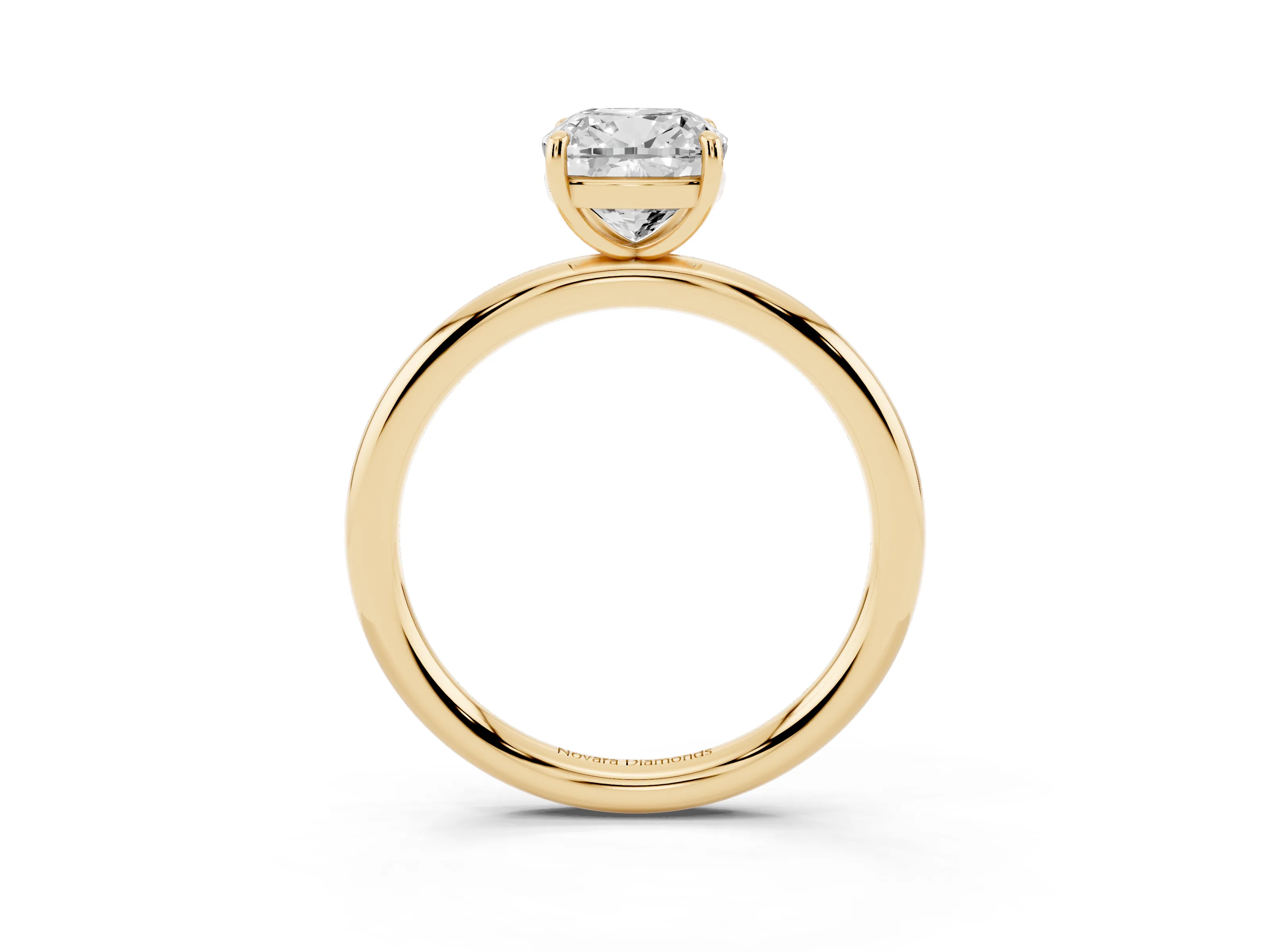 Cushion Cut Diamond Solitaire Ring Set in Yellow gold with Prong Setting on a Polished Plain Band
