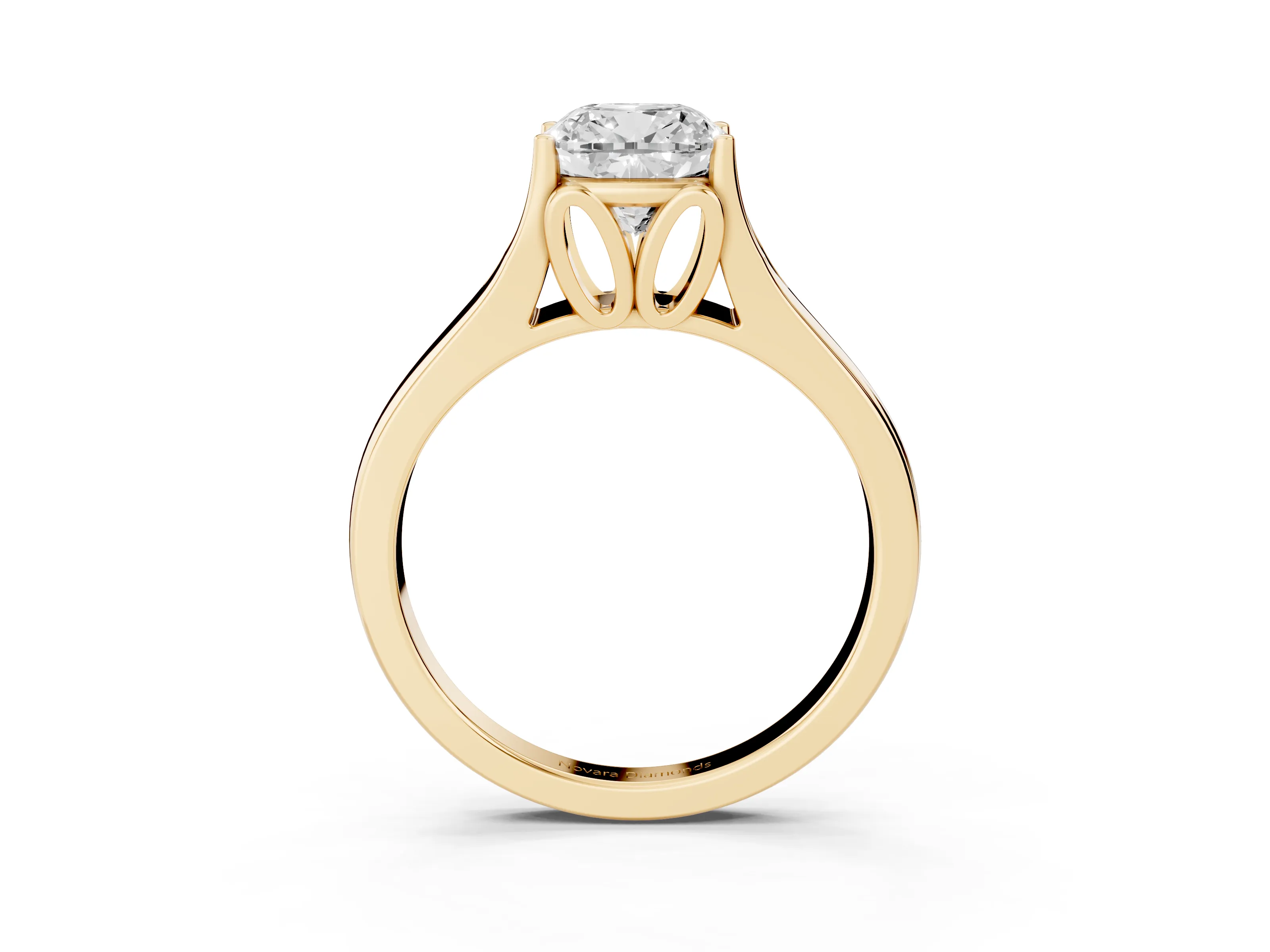 Cushion Cut Diamond Solitaire Ring Set in Yellow gold with Arched Cathedral Band and Prong Setting