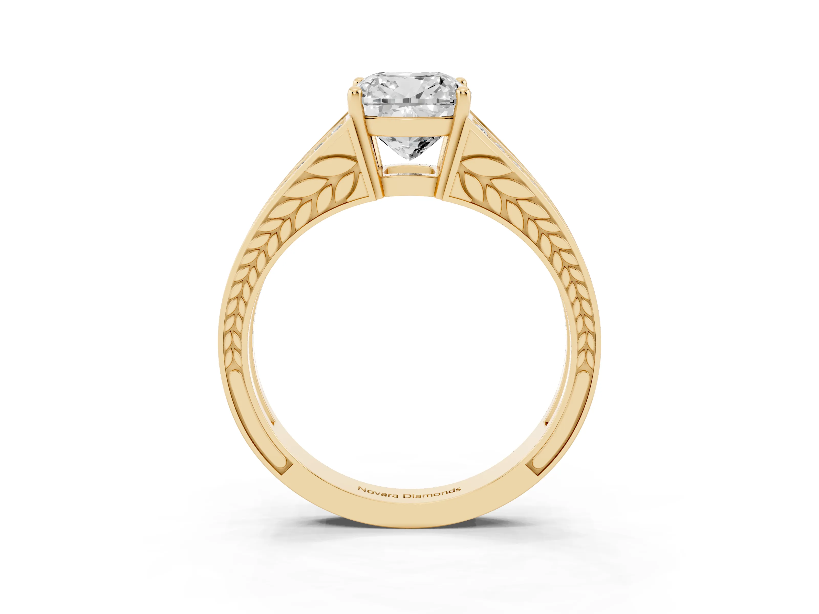 Cushion Cut Diamond Split Shank Ring Set in Yellow gold with Pavé Band and Prong Setting