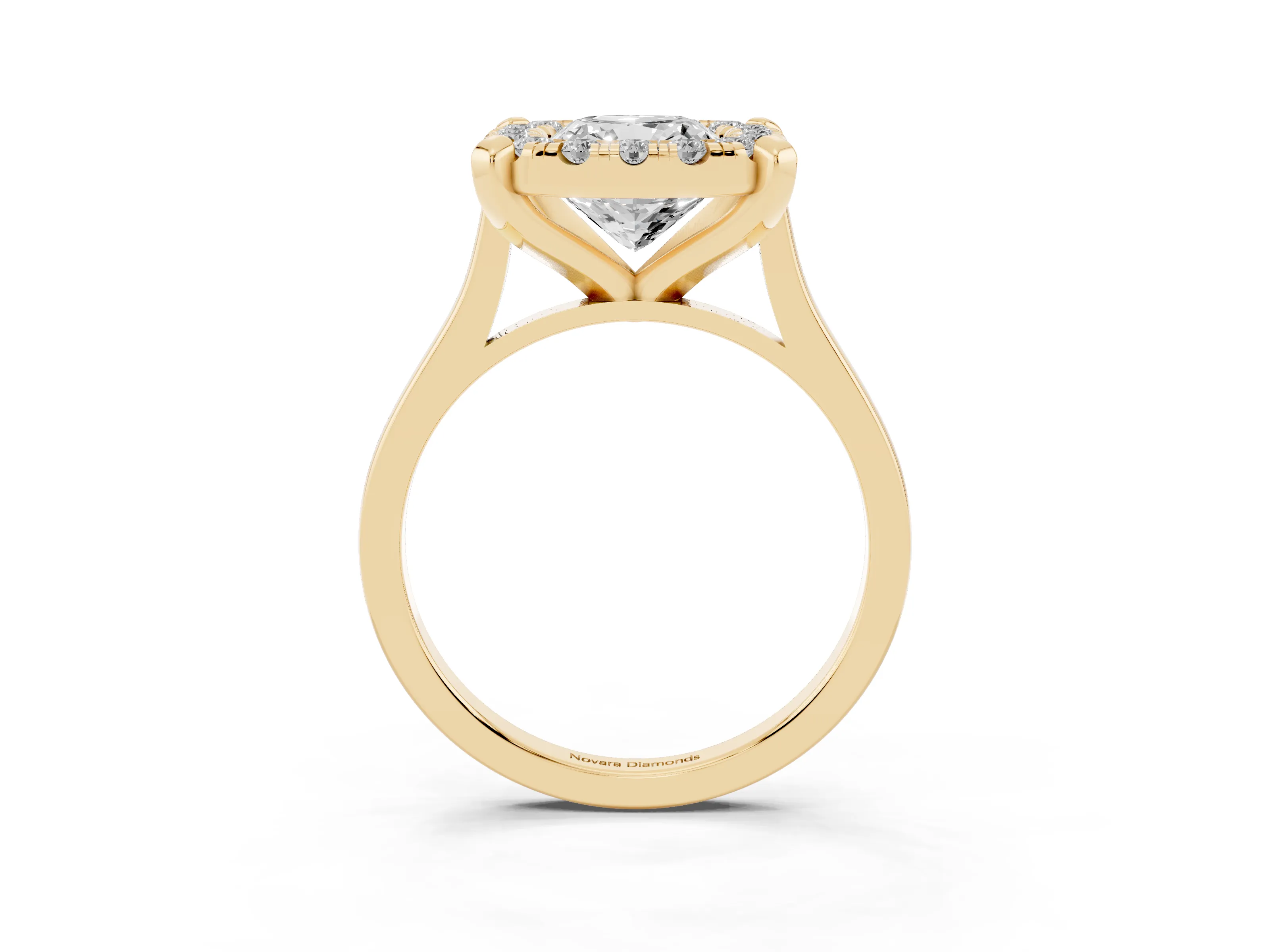 Cushion Cut Diamond Cluster Halo Solitaire Ring Set in Yellow gold with Prong Setting