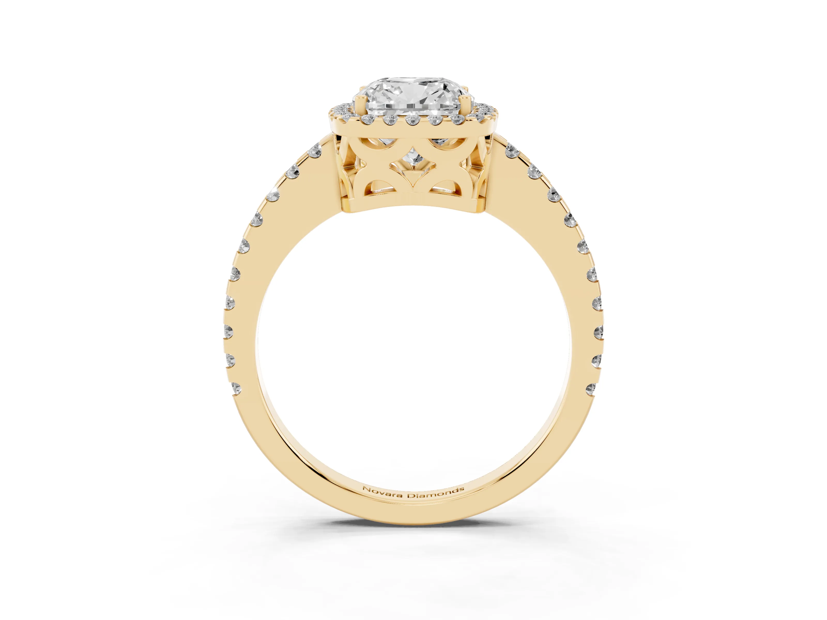 Cushion Cut Diamond Halo Ring Set in Yellow gold with Pavé Shoulders and Halo-Framed Center