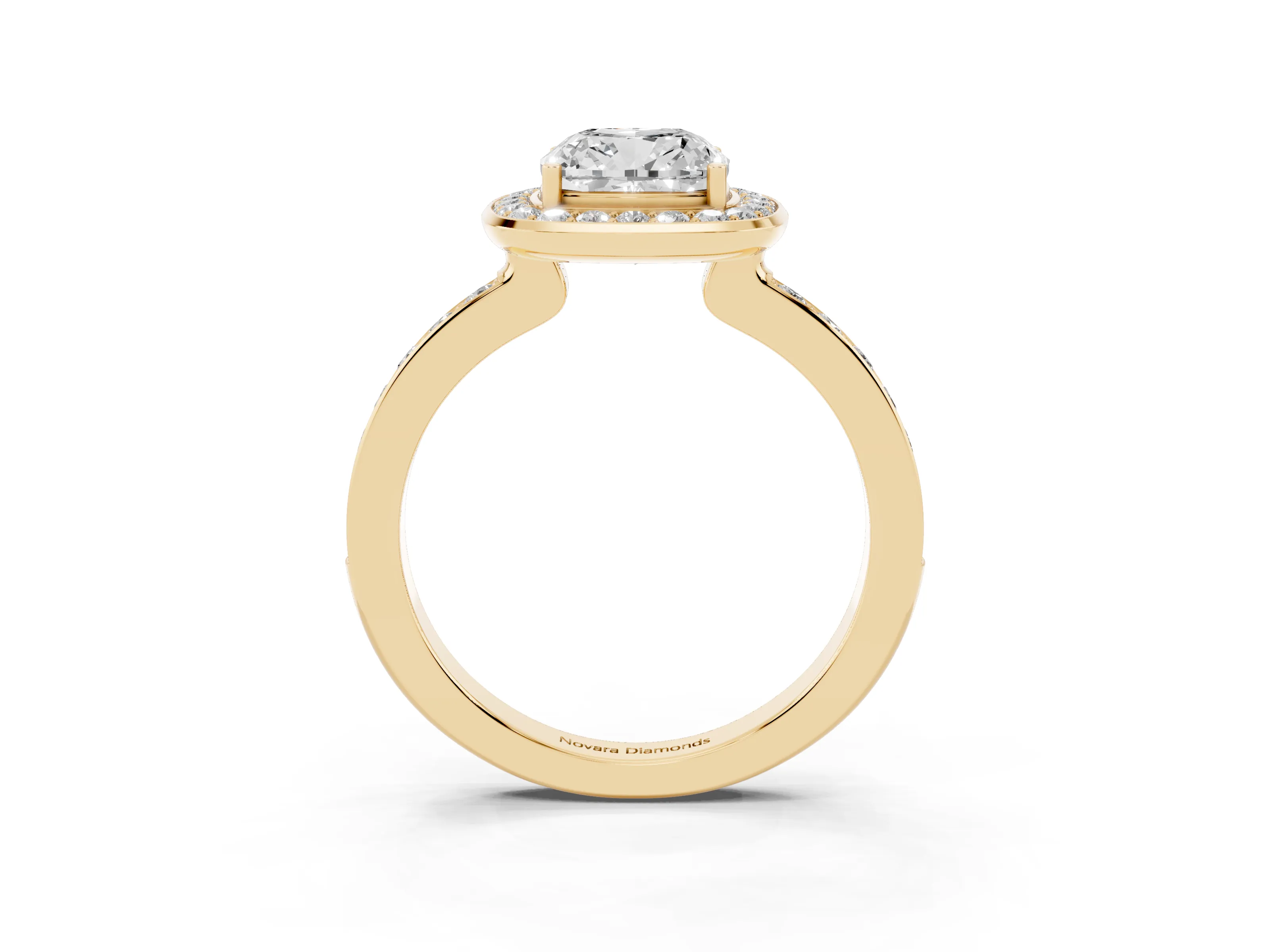 Cushion Cut Diamond Halo Ring Set in Yellow gold with Bezel Frame and Pavé Band