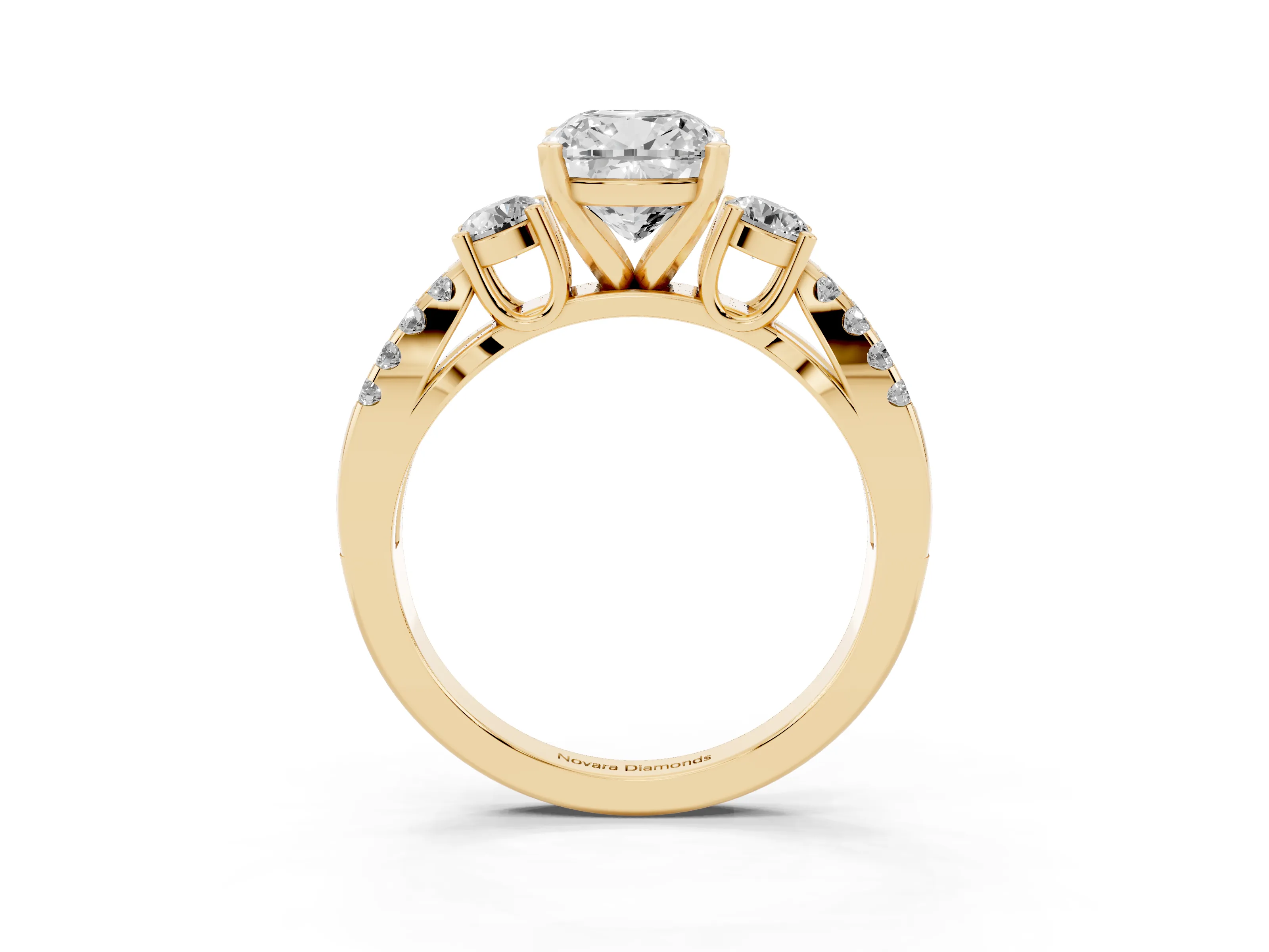 Cushion Cut Diamond Three-Stone Ring Set in Yellow gold with Pavé Split Shank and Prong Setting
