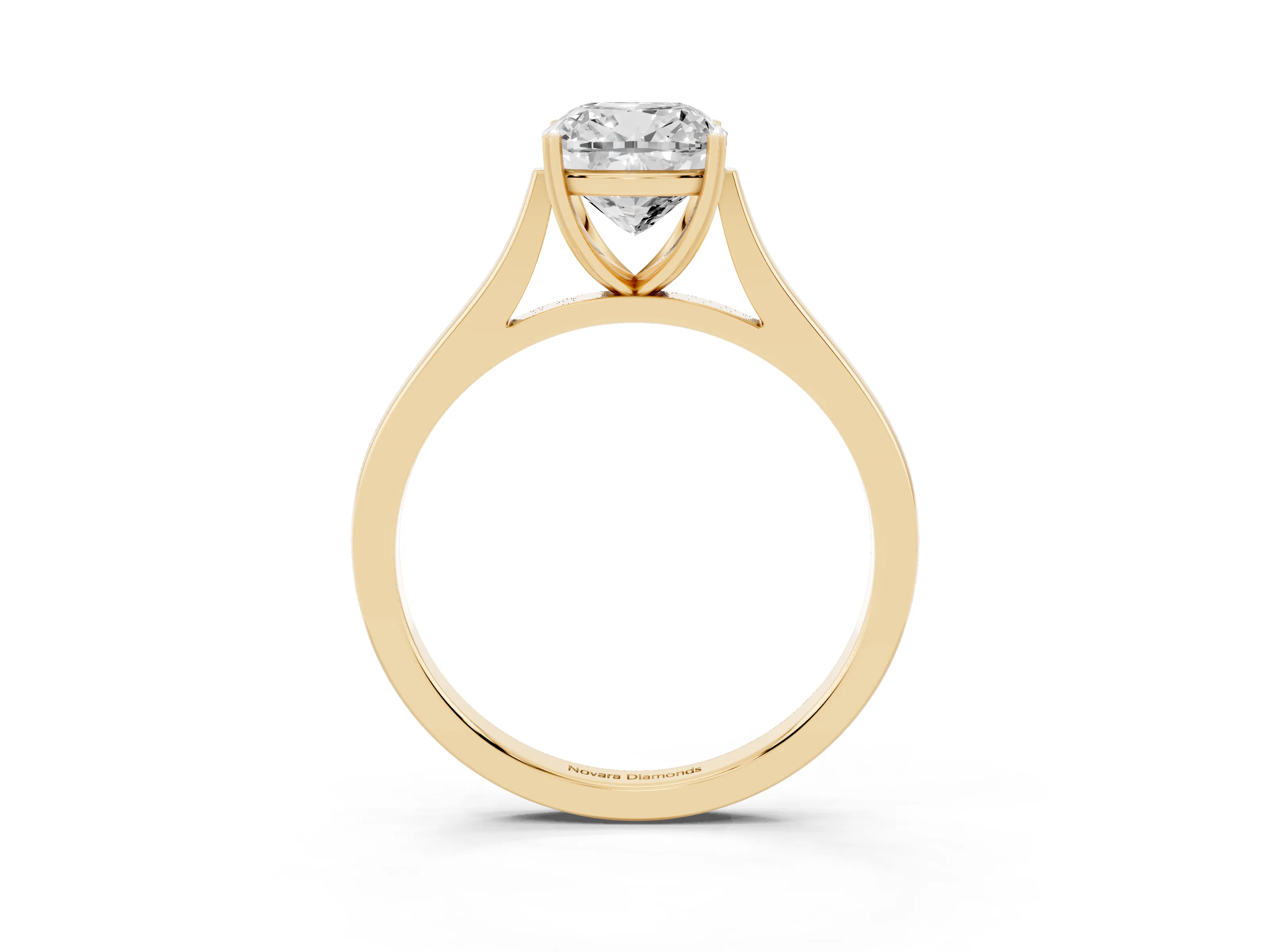 Cushion Cut Diamond Solitaire Heart Prong Engagement Ring Set in Yellow gold with Tapered Band