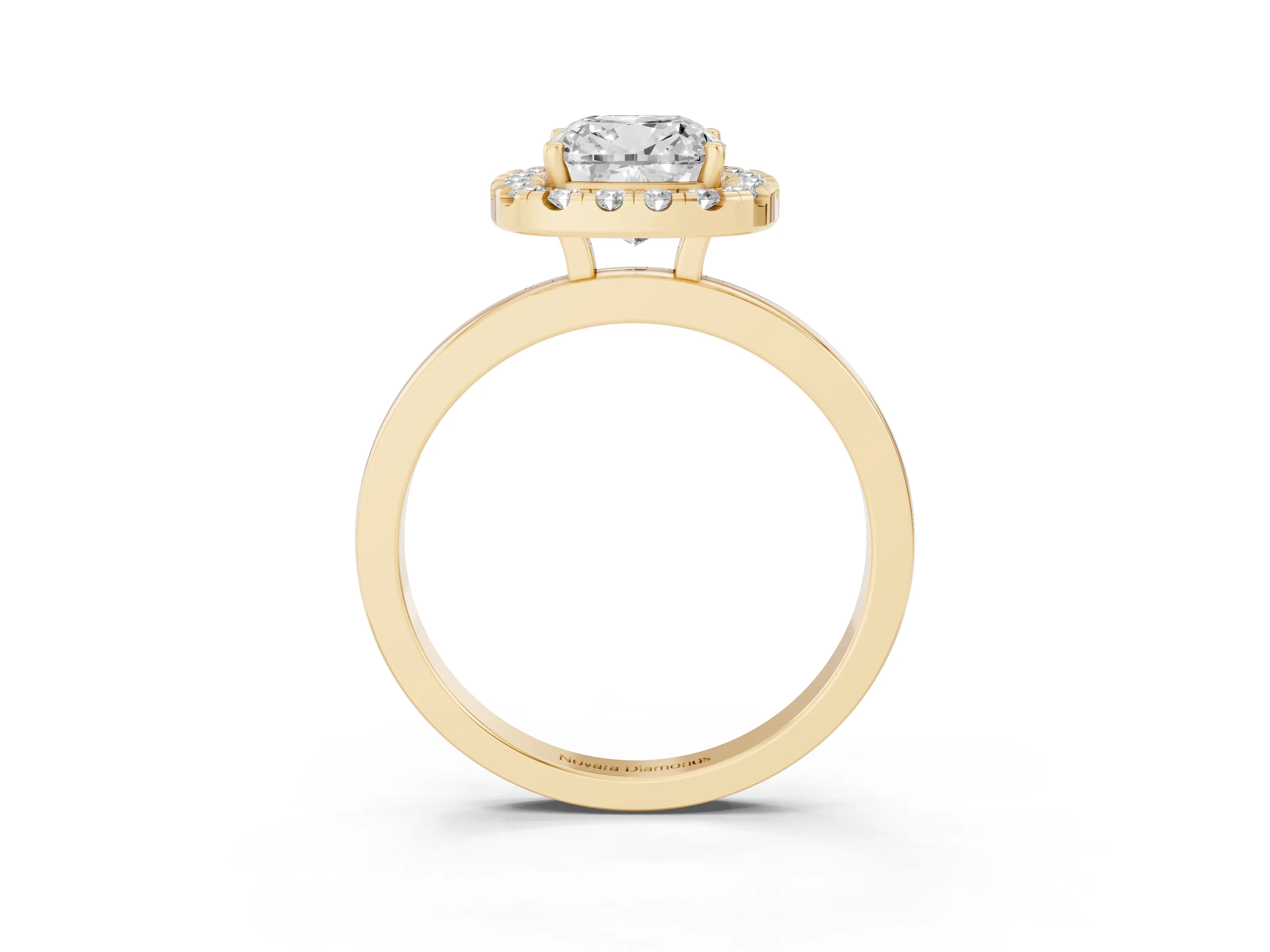 Cushion Cut Diamond Halo Solitaire Ring Set in Yellow gold with Pavé Band and Prong Setting