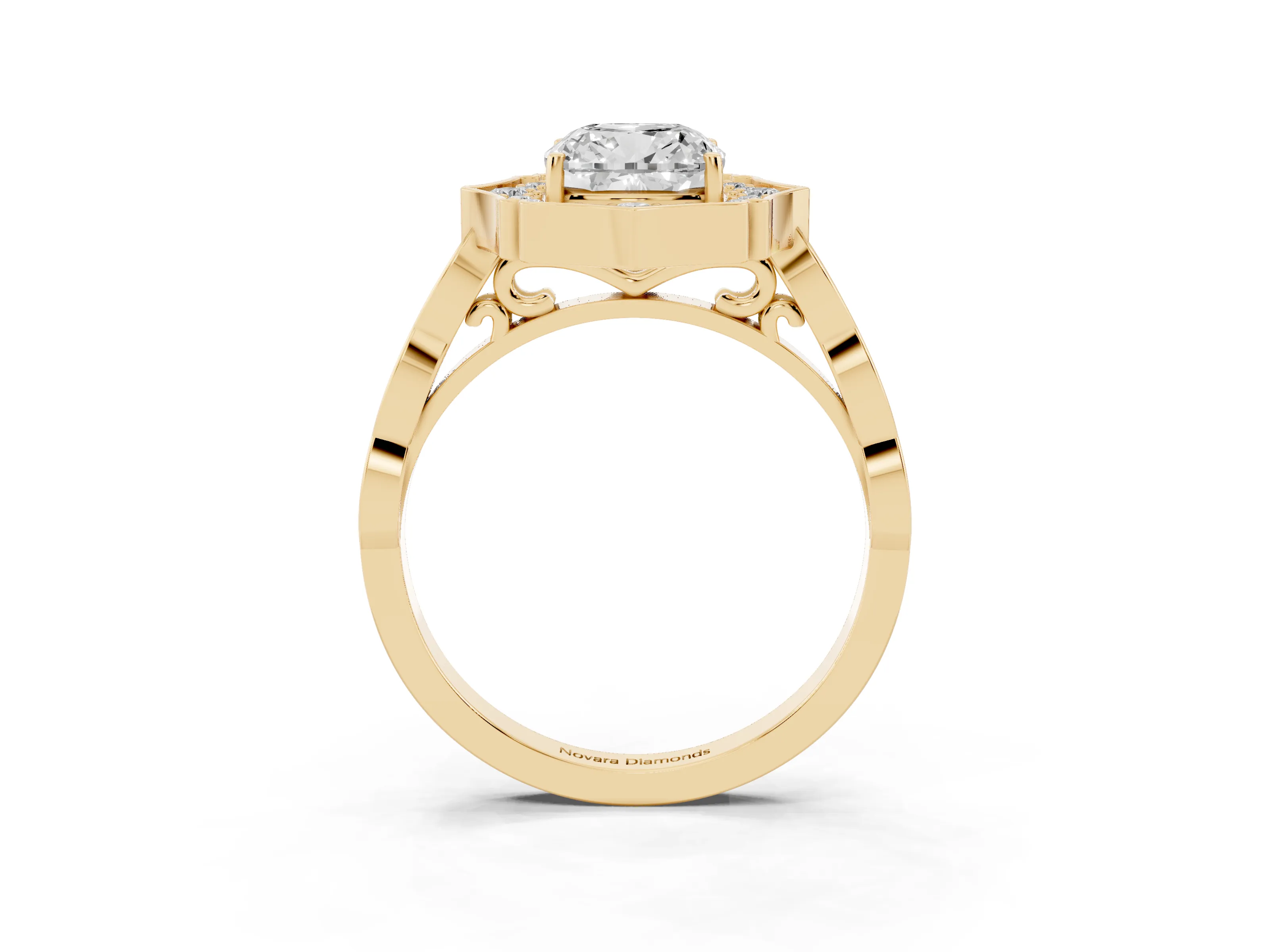 Cushion Cut Diamond Halo Engagement Ring Set in Yellow gold with Milgrain Band and Prong Setting