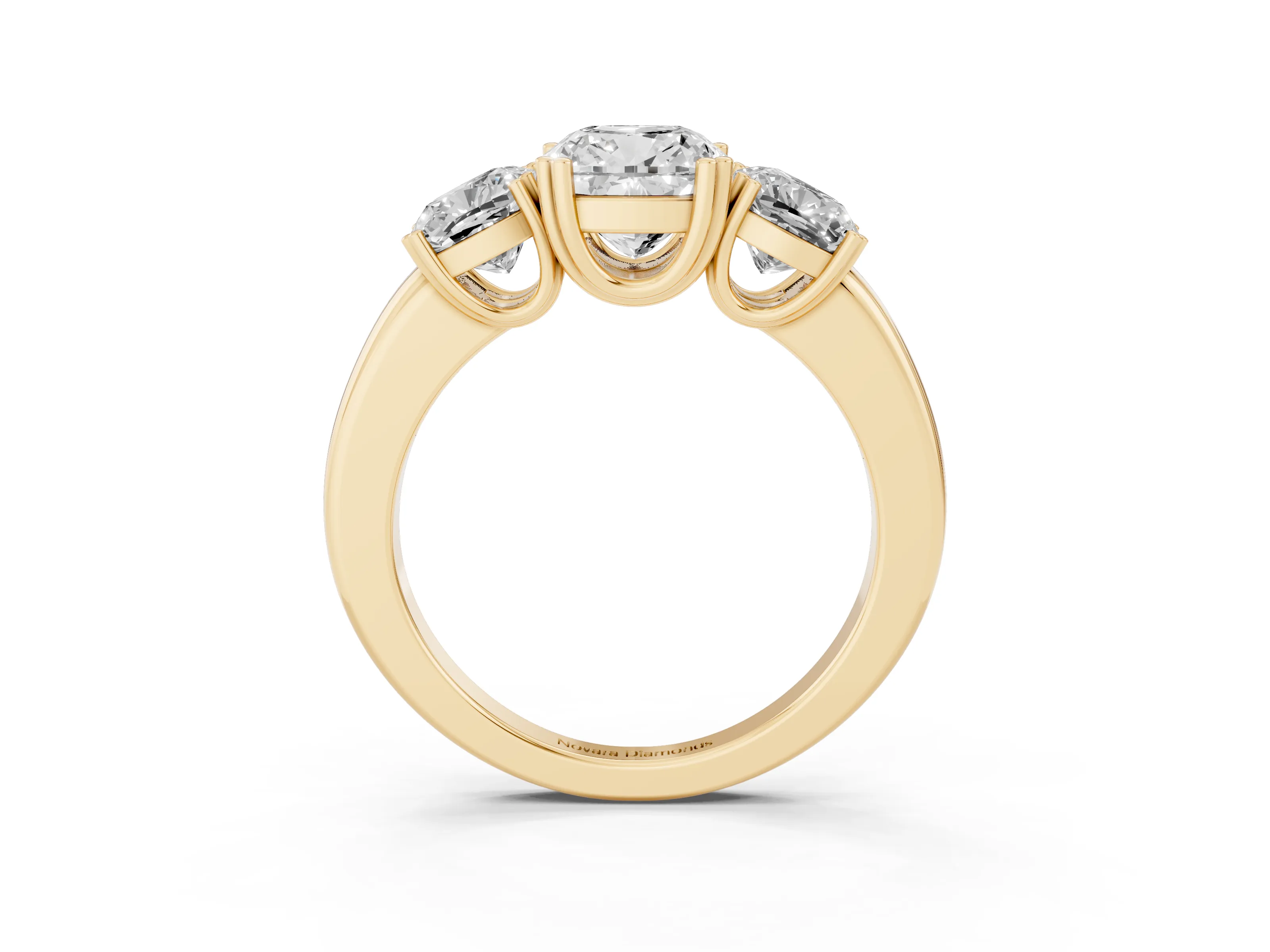 Cushion Cut Diamond Three-Stone Ring Set in Yellow gold with Polished Band and Prong Setting
