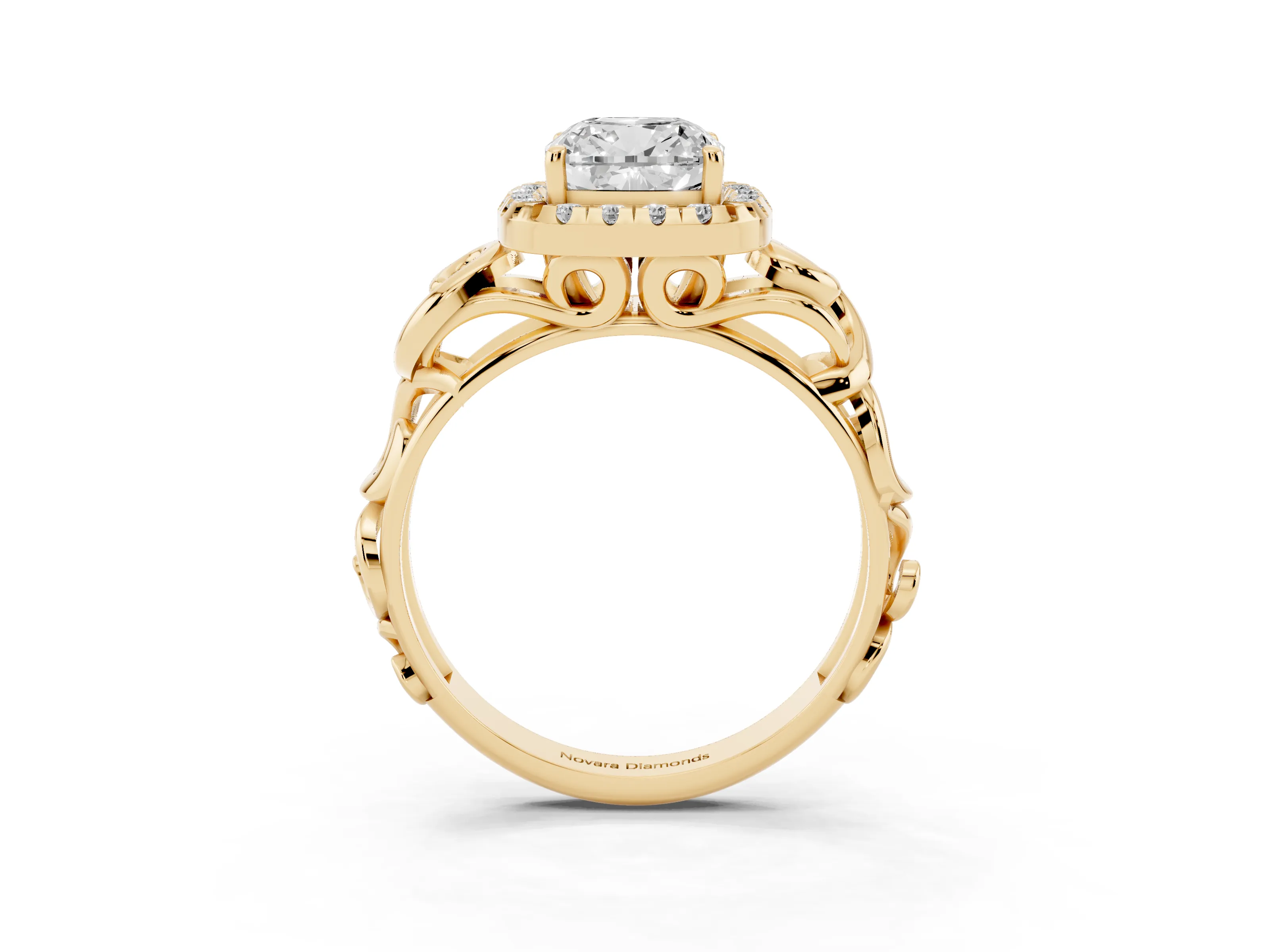 Cushion Cut Diamond Halo Ring Set in Yellow gold with Scrollwork Band and Prong Setting