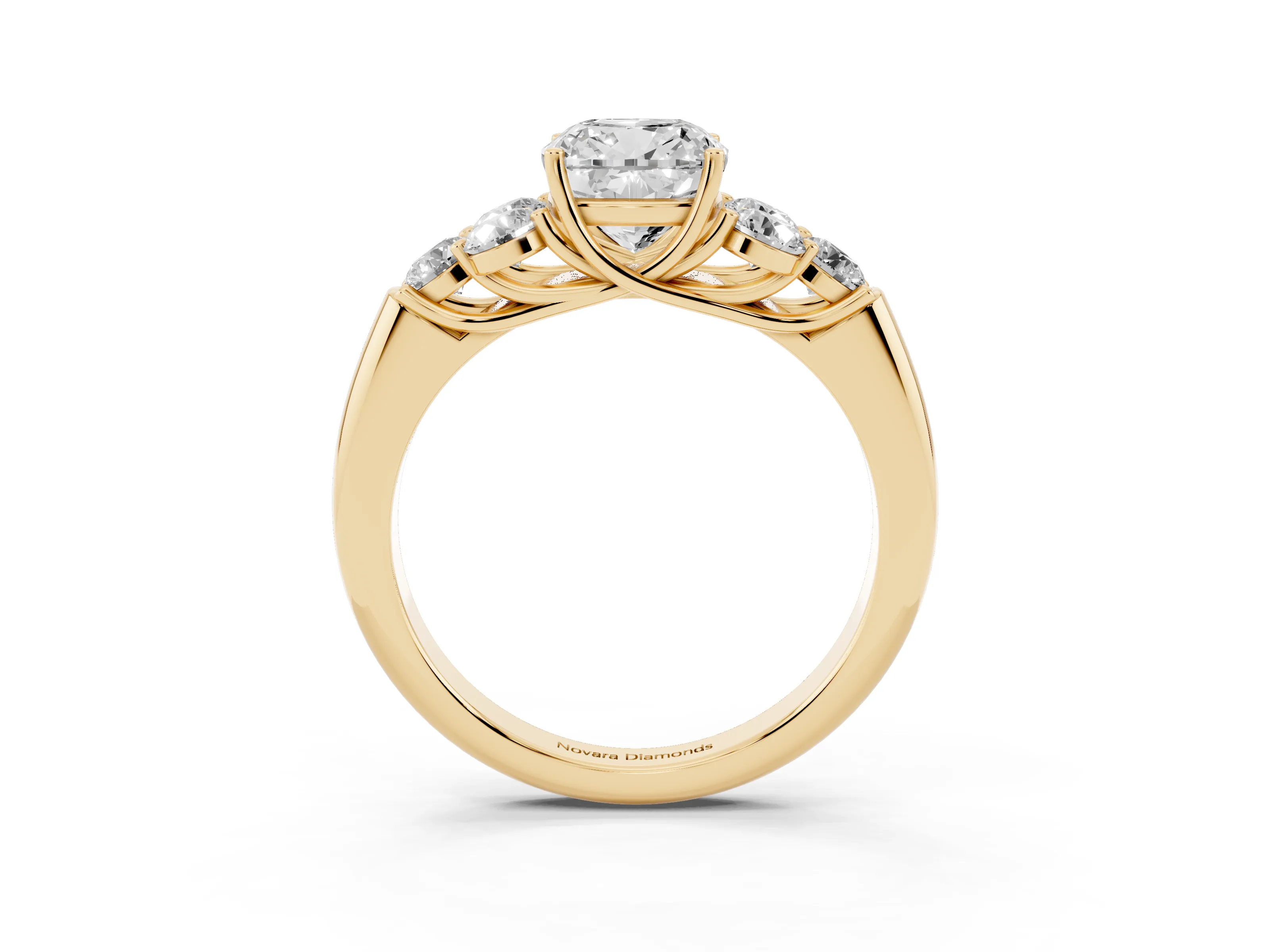 Cushion Cut Diamond Cluster Ring Set in Yellow gold with Round Accent Stones and Prong Setting on a Plain Band