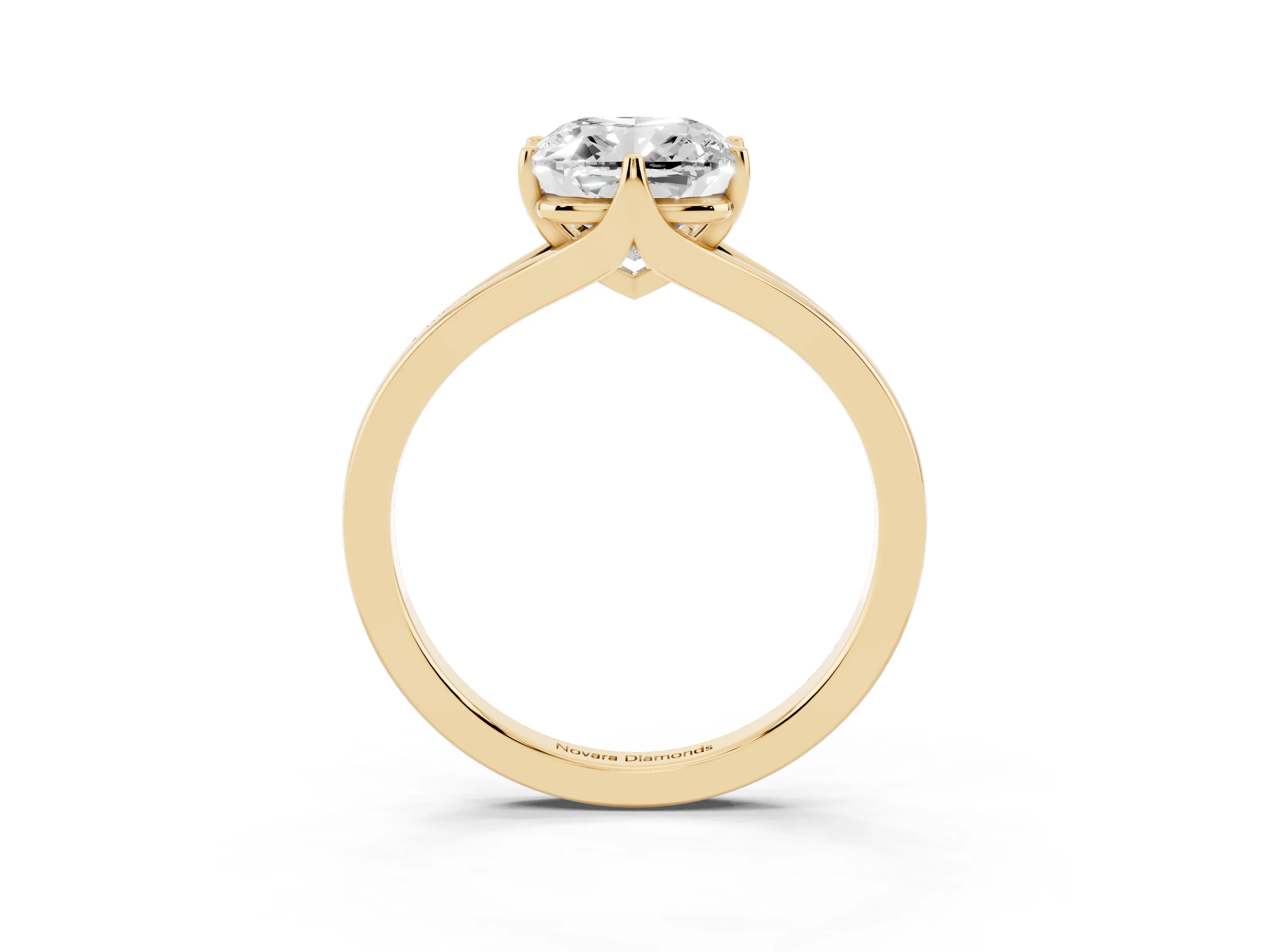 Cushion Cut Diamond Solitaire Ring Set in Yellow gold with Polished Tapered Band and Prong Setting