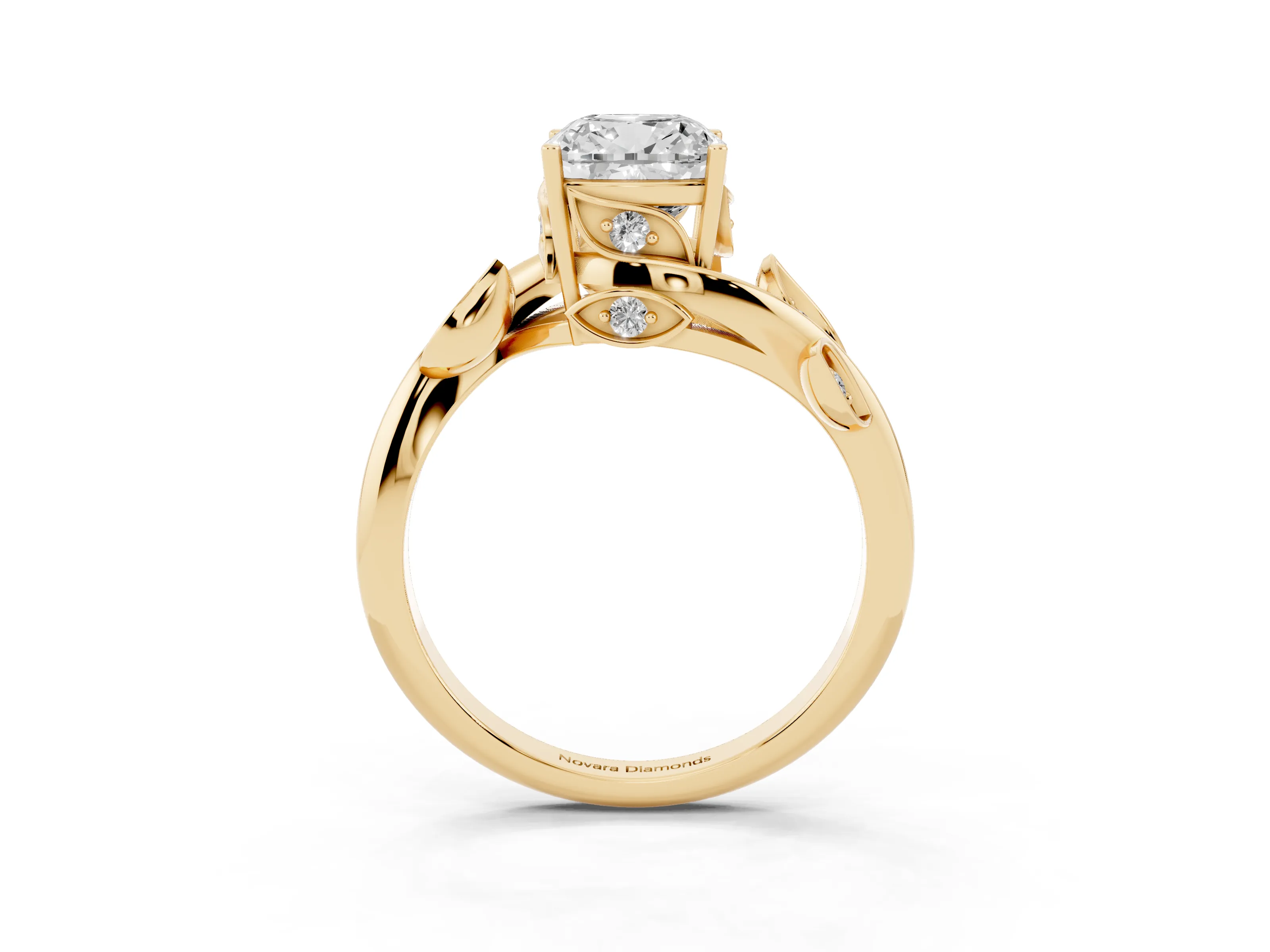 Cushion Cut Diamond Solitaire Twist Engagement Ring Set in Yellow gold with Pavé Leaf Accents